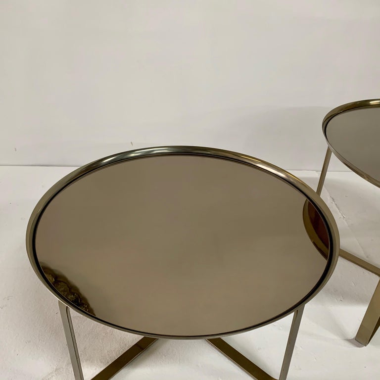 Contemporary Matte Brass Finish Low Tiered Side Tables, Pair For Sale