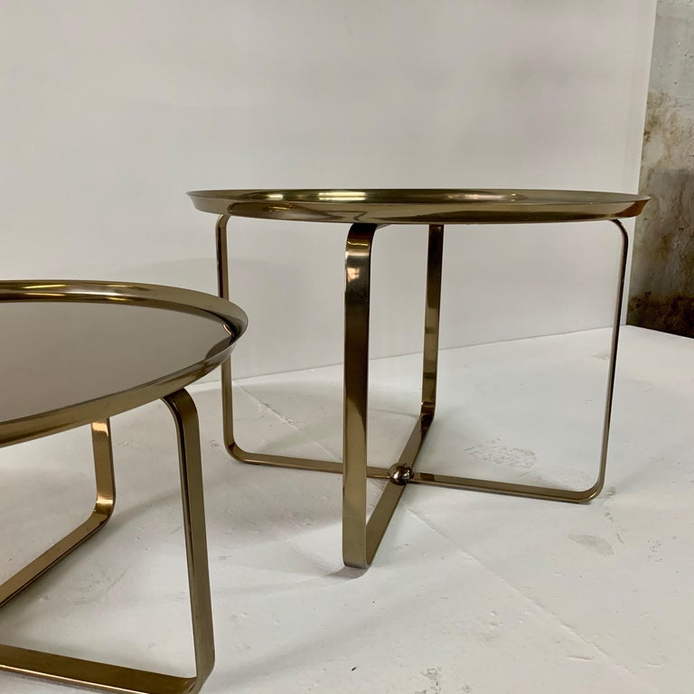 Mirror Matte Brass Finish Low Tiered Side Tables, Pair For Sale