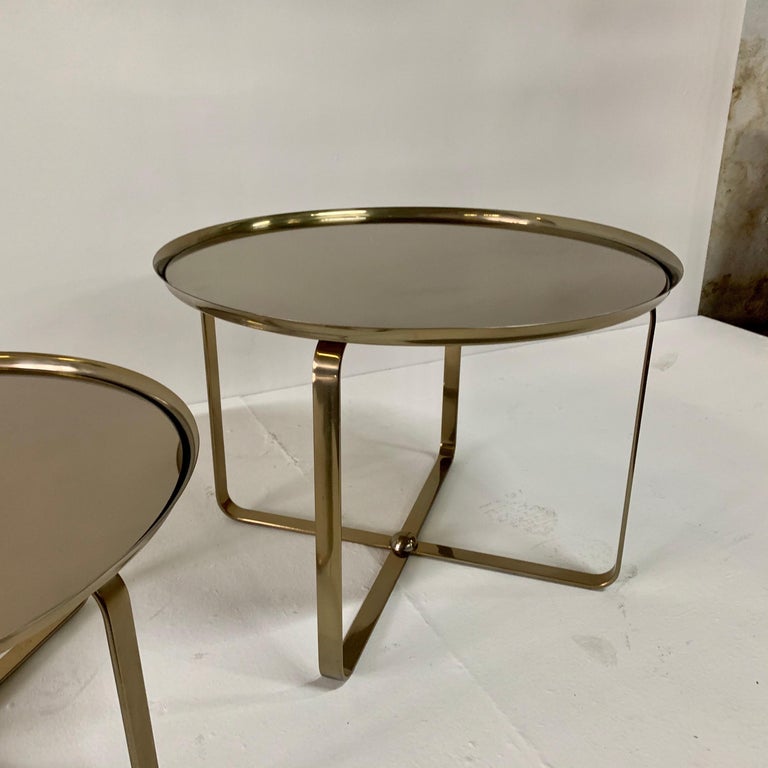 Matte Brass Finish Low Tiered Side Tables, Pair For Sale 1