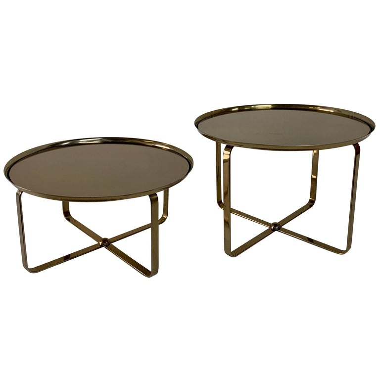 Matte Brass Finish Low Tiered Side Tables, Pair For Sale