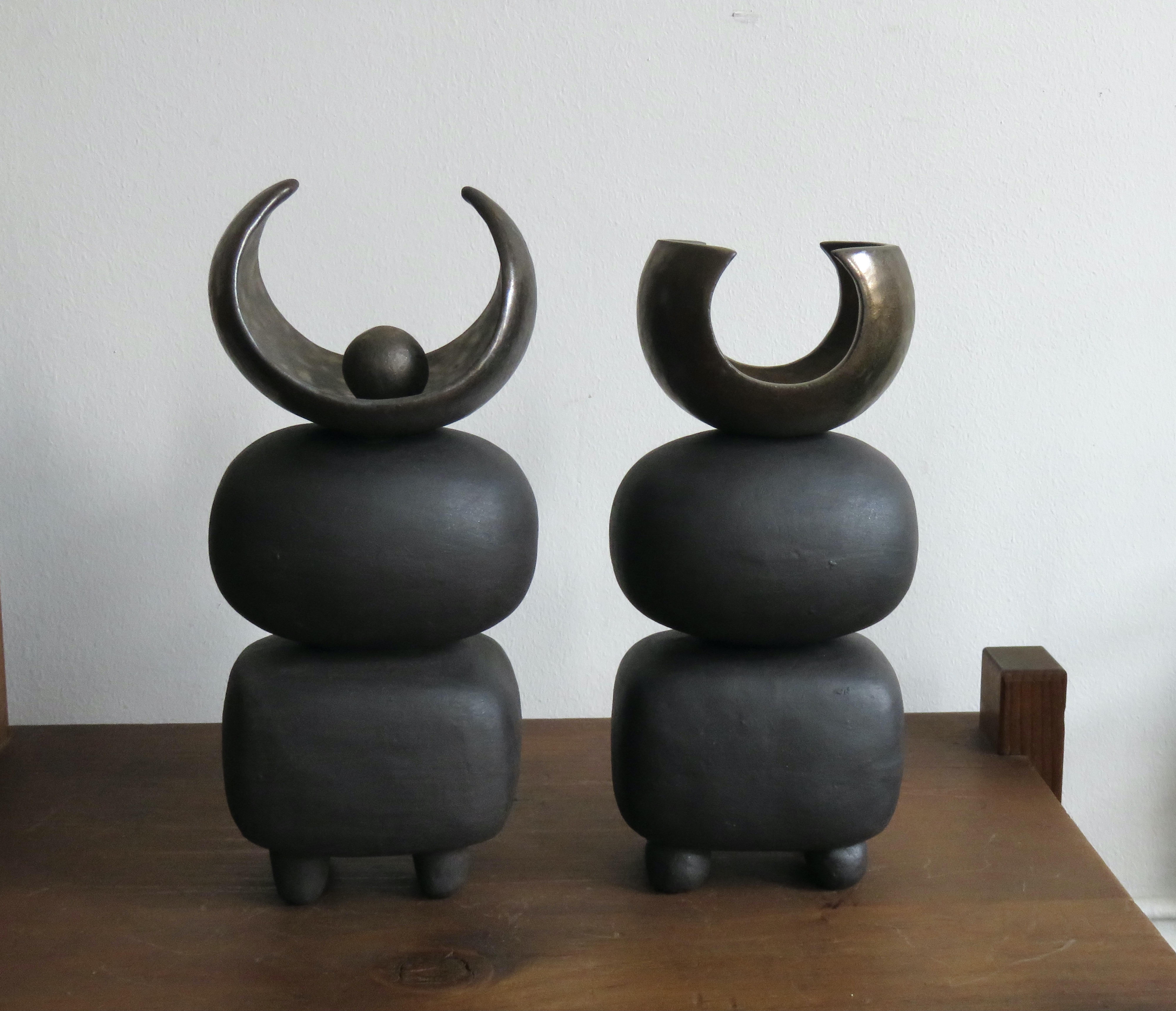 Matte Brown Ceramic TOTEM w/ Gold Arc'd Crown on Soft Cube & Oval Forms For Sale 11