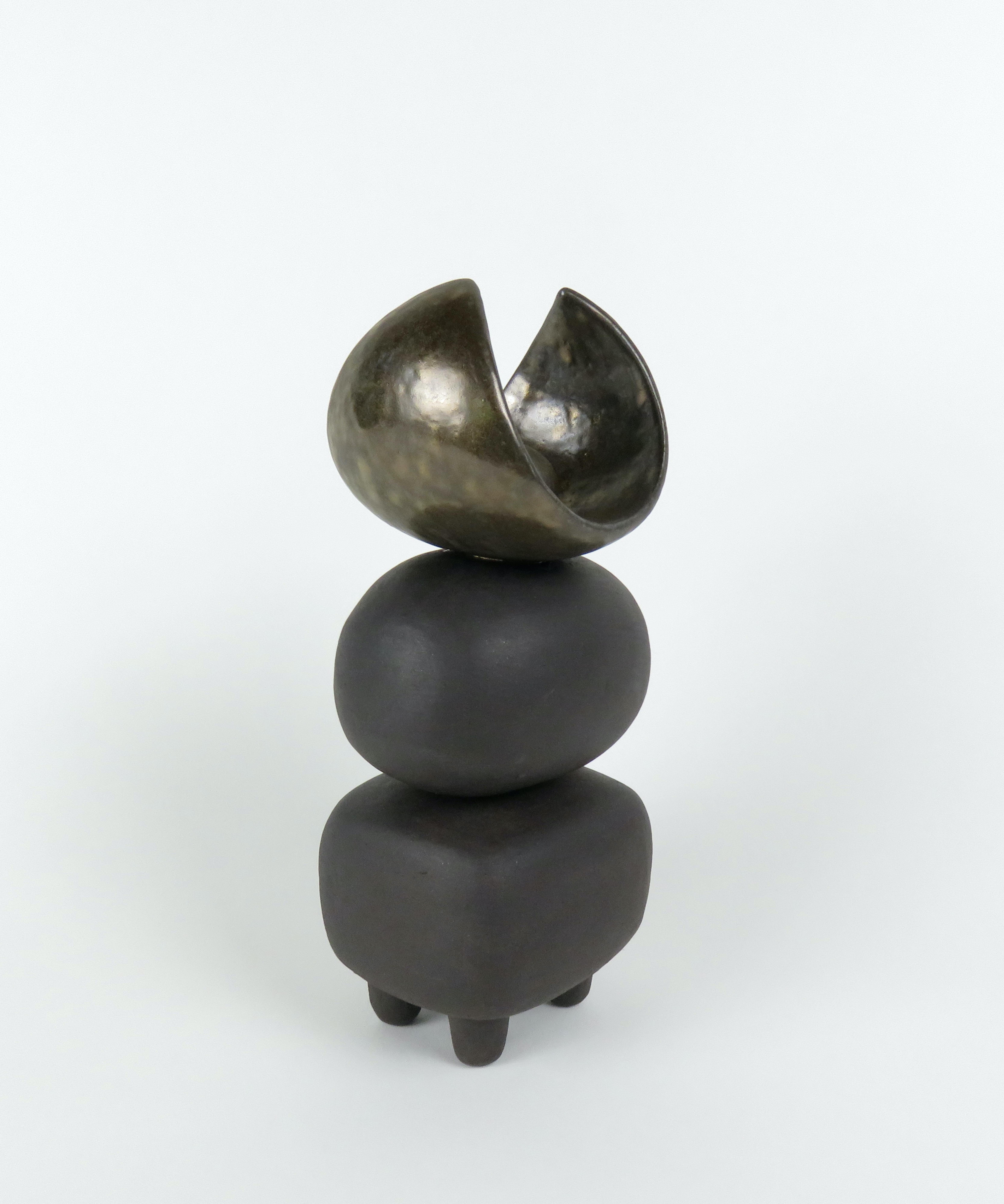 Organic Modern Matte Brown Ceramic TOTEM w/ Gold Arc'd Crown on Soft Cube & Oval Forms For Sale