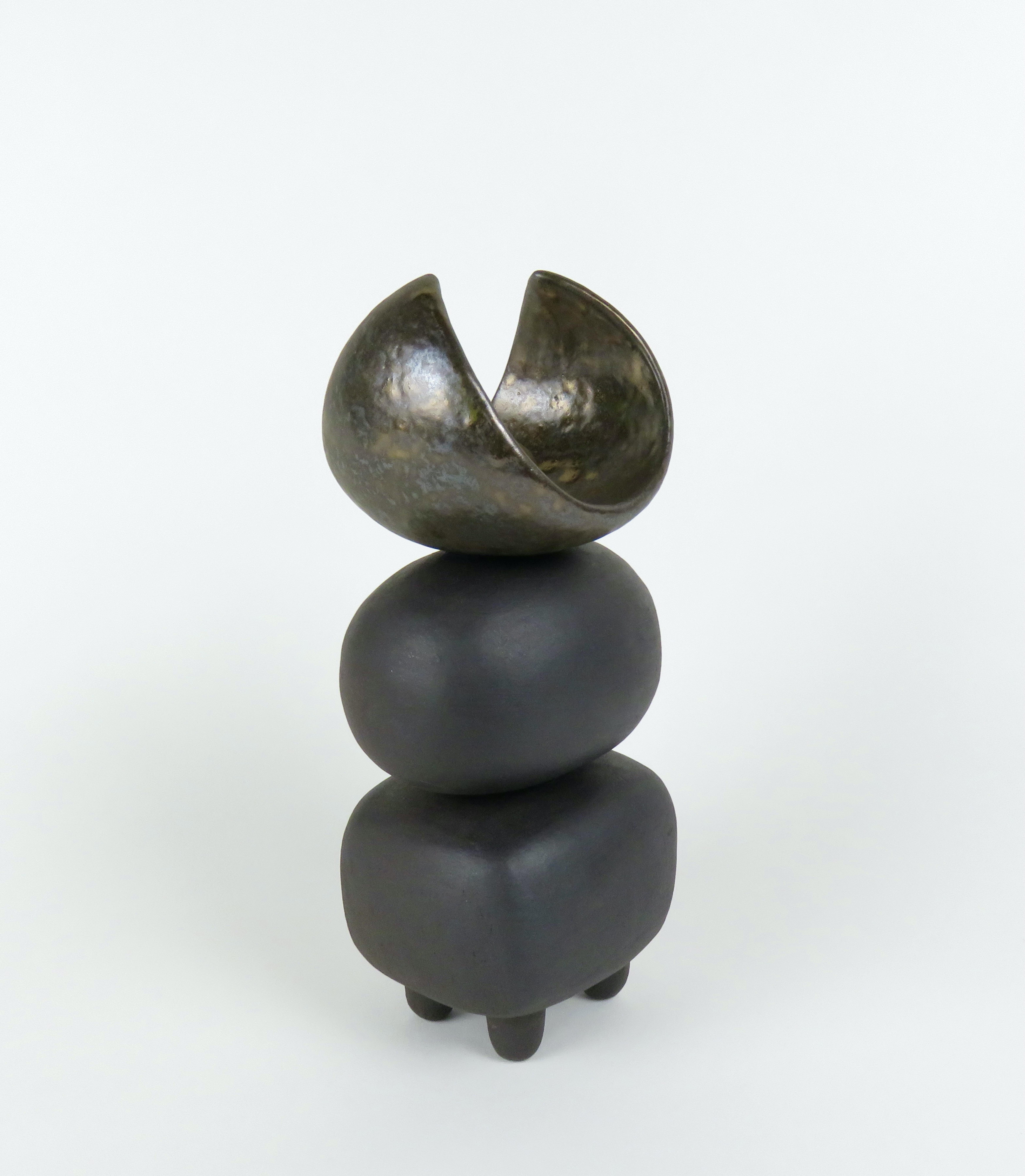 Glazed Matte Brown Ceramic TOTEM w/ Gold Arc'd Crown on Soft Cube & Oval Forms For Sale
