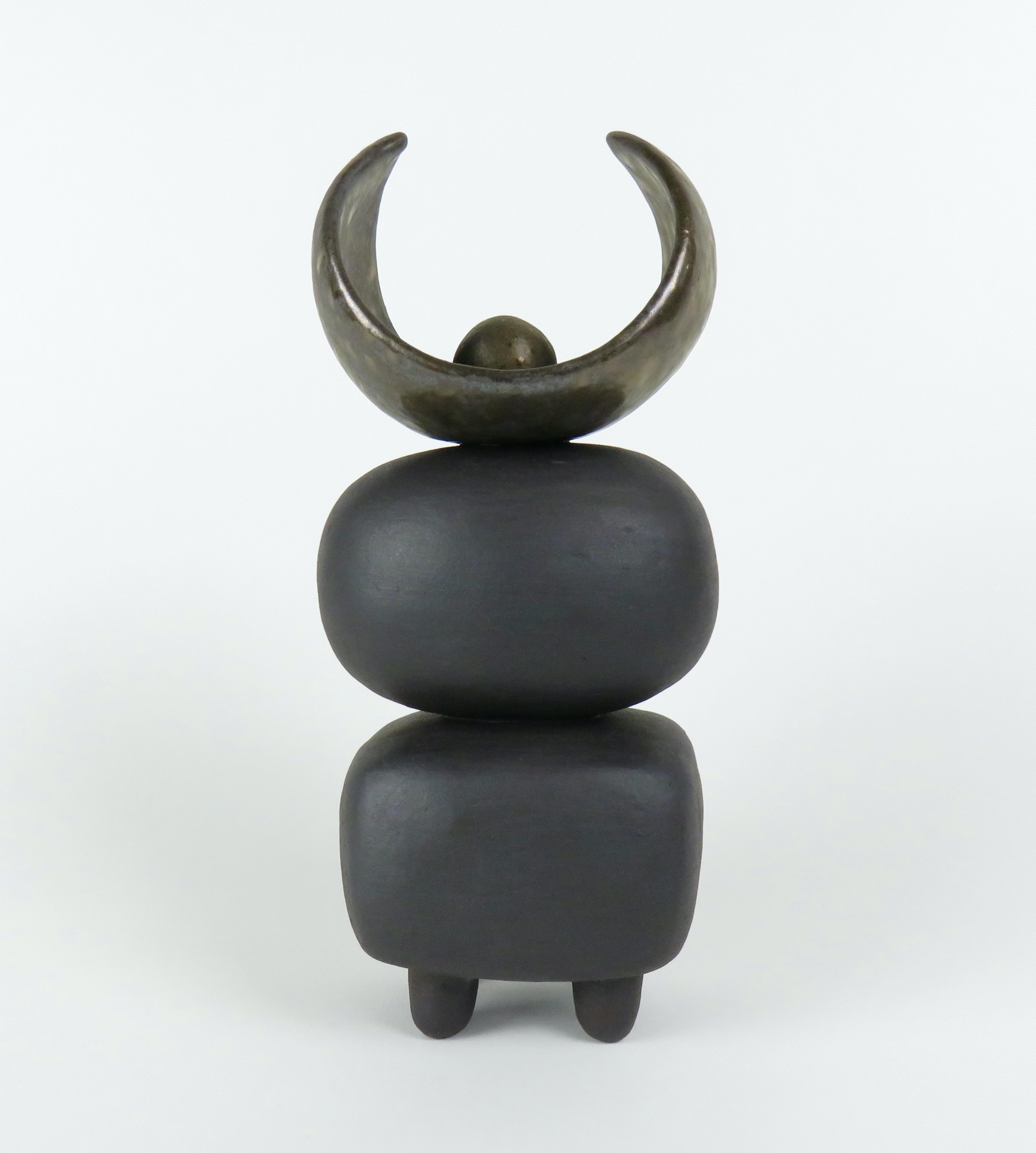 Contemporary Matte Brown Ceramic TOTEM w/ Gold Arc'd Crown on Soft Cube & Oval Forms For Sale