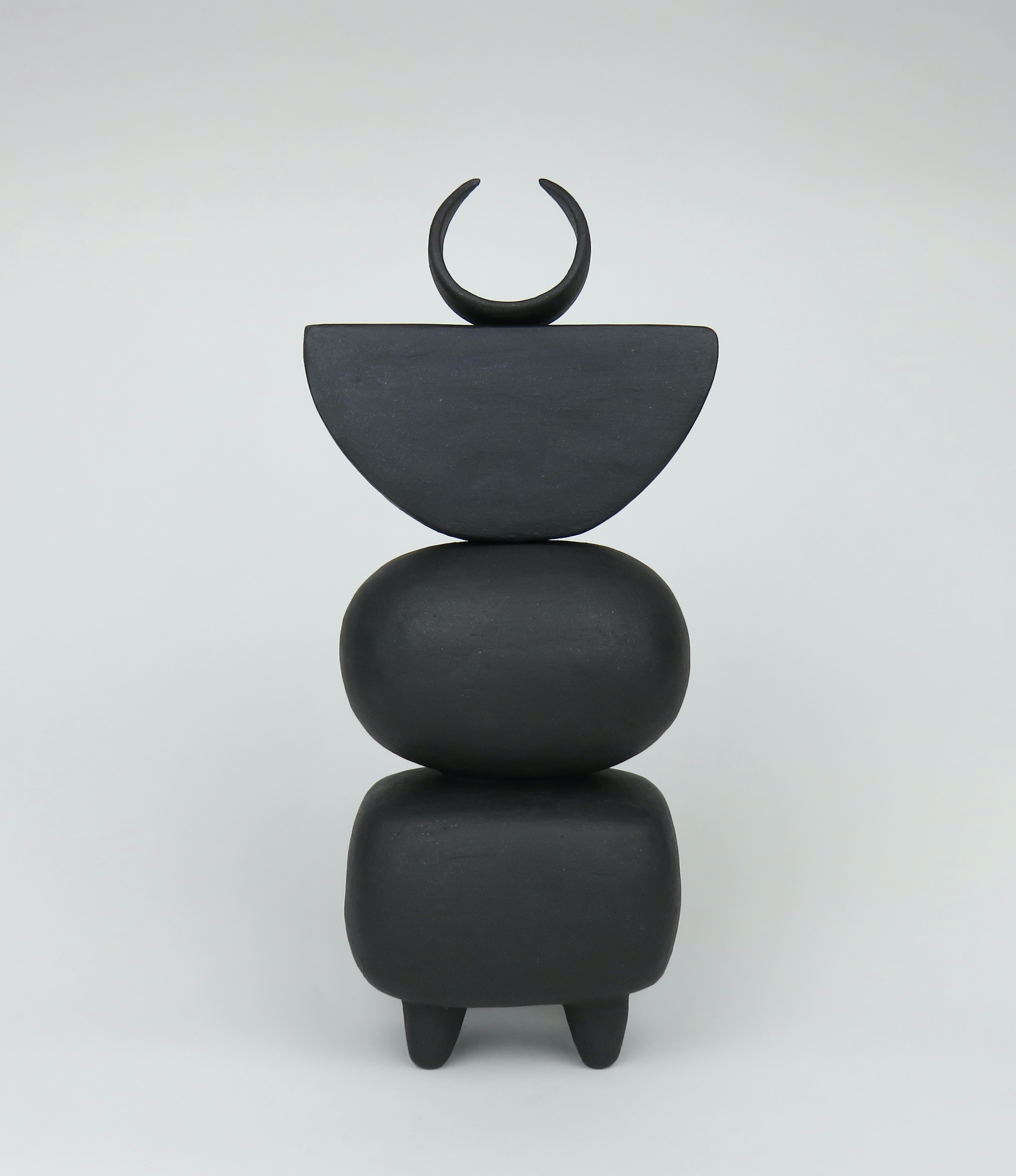 Organic Modern Matte Brown Ceramic TOTEM with Tiny Crescent Top on Soft Rectangle & Oval Forms For Sale