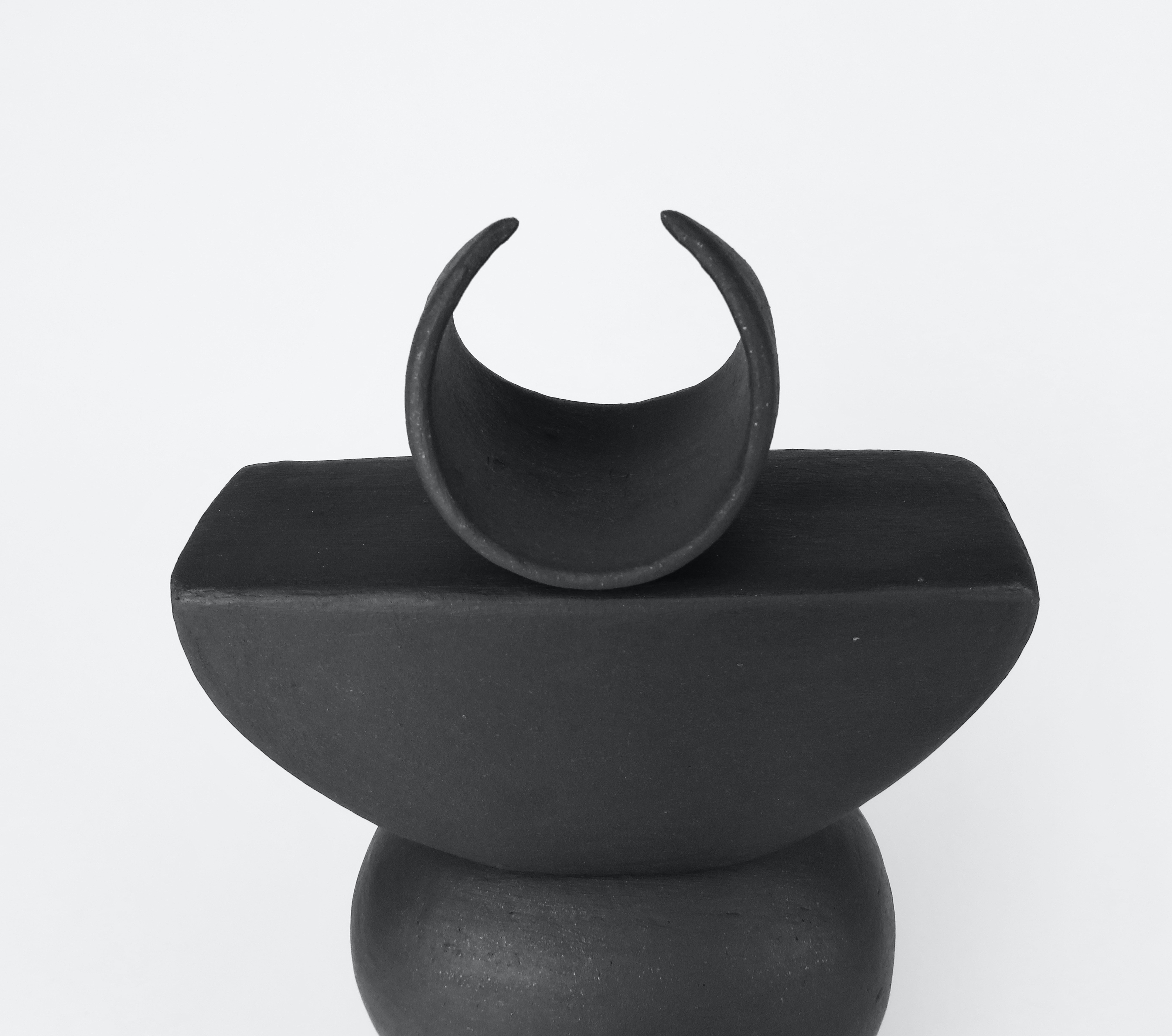 American Matte Brown Ceramic TOTEM with Tiny Crescent Top on Soft Rectangle & Oval Forms For Sale