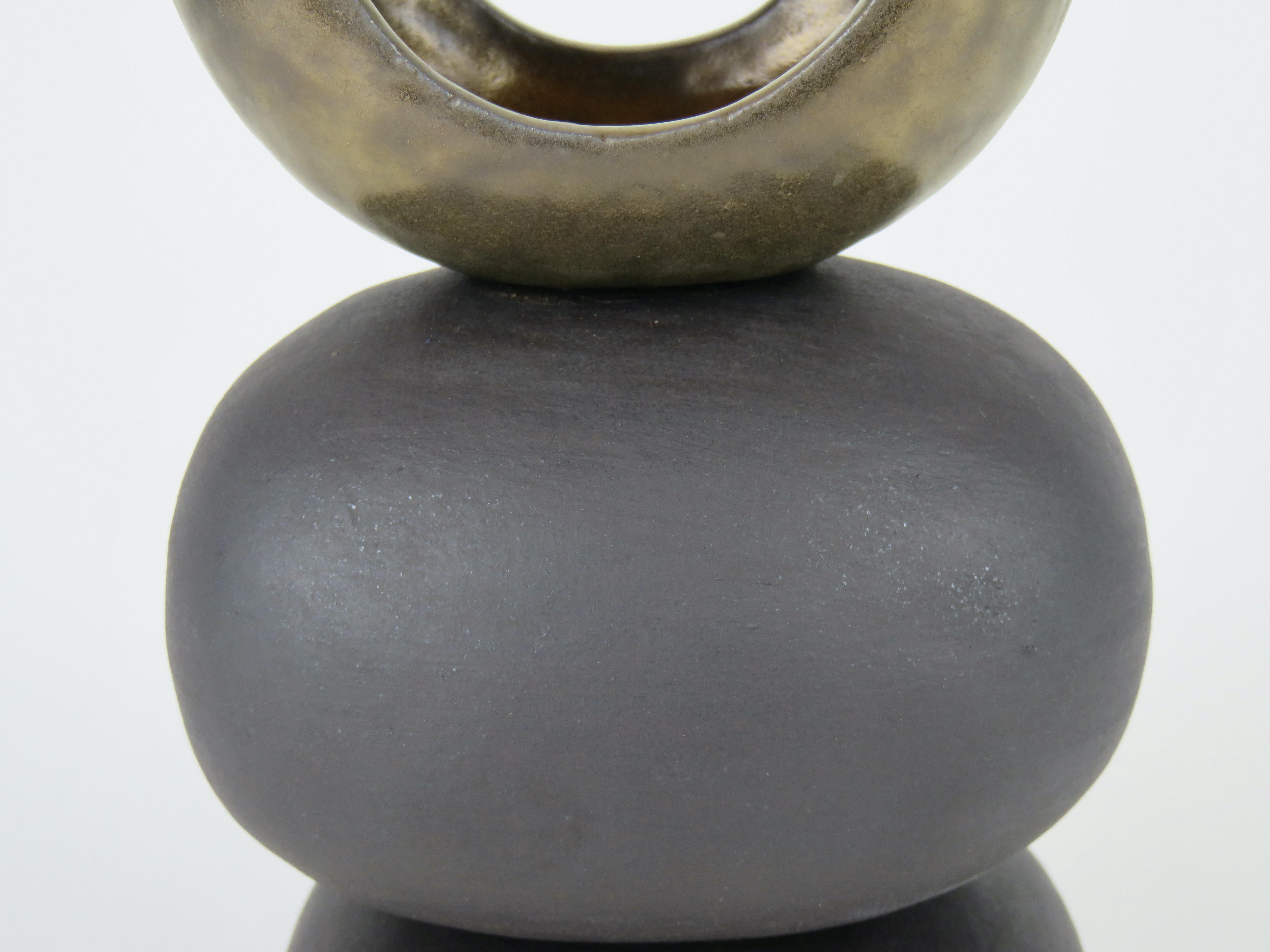 Contemporary Matte Brown Hand Built Ceramic TOTEM w/ Gold Crown on Soft Cube & Oval Forms For Sale