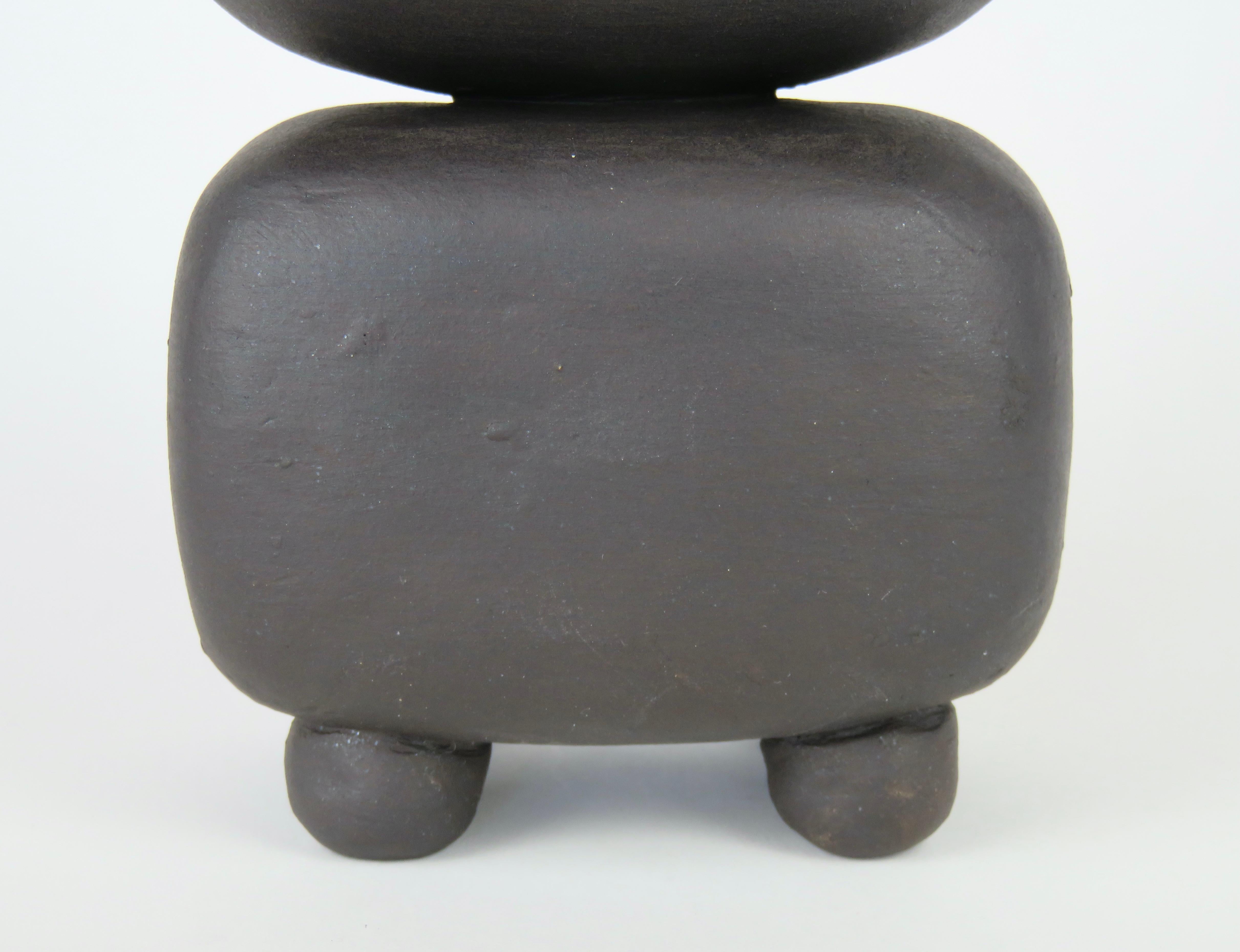 Matte Brown Hand Built Ceramic TOTEM w/ Gold Crown on Soft Cube & Oval Forms For Sale 1
