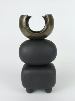 Matte Brown Hand Built Ceramic TOTEM w/ Gold Crown on Soft Cube & Oval Forms