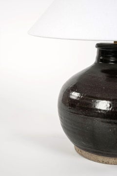Matte Dark Brown Glazed Lamp from Antique Chinese Oil Jar