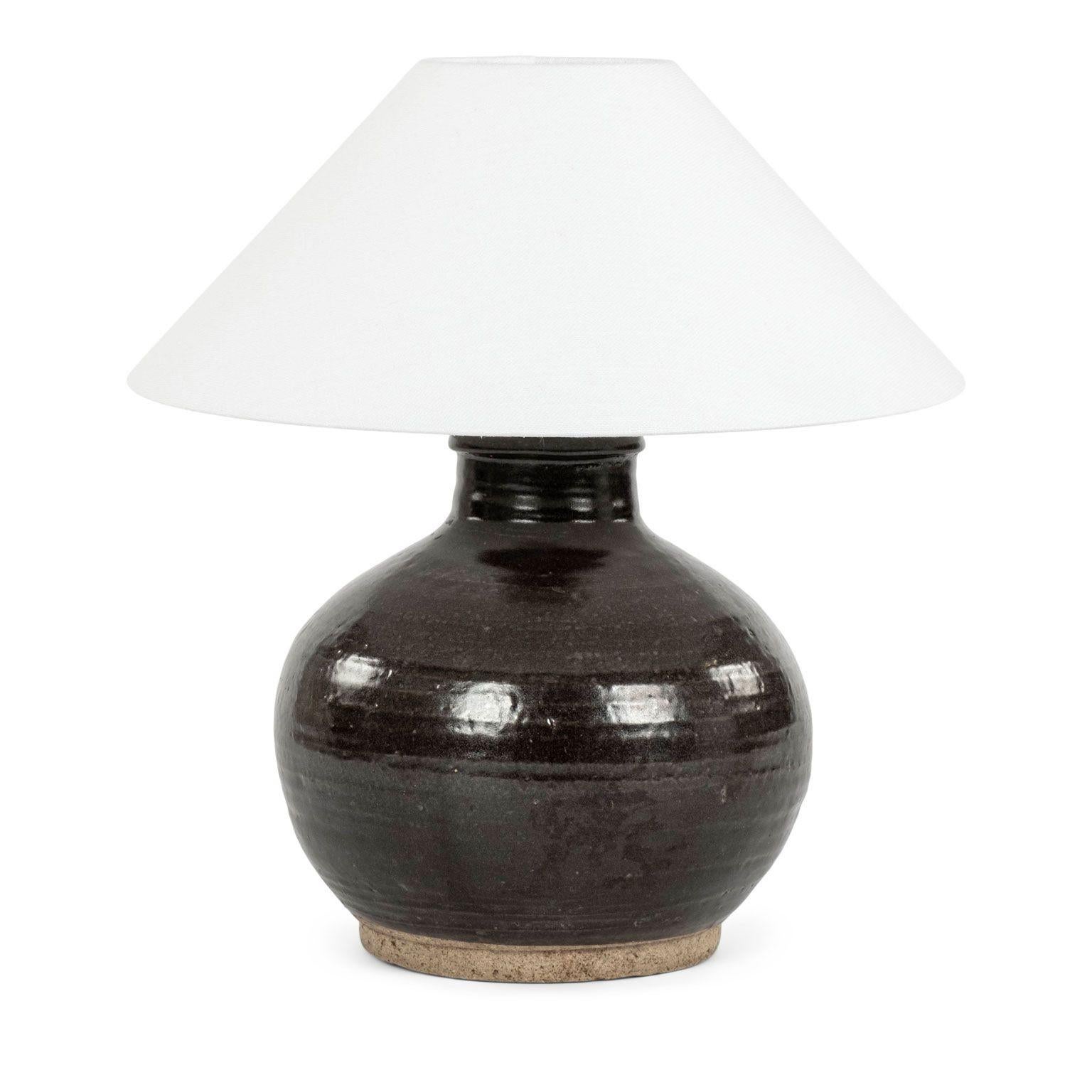 Belgian Matte Dark Brown Glazed Lamp from Antique Chinese Oil Jar