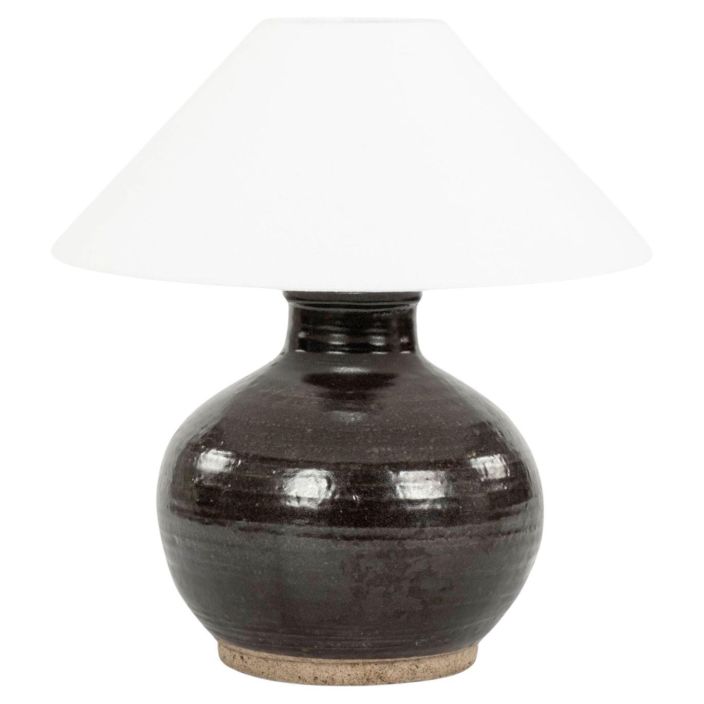 Matte Dark Brown Glazed Lamp from Antique Chinese Oil Jar