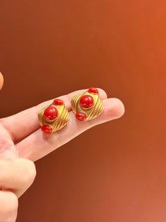 Matte Finish 18K Yellow Gold Earring Studs with Italian Coral