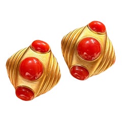 Matte Finish 18K Yellow Gold Earring Studs with Italian Coral
