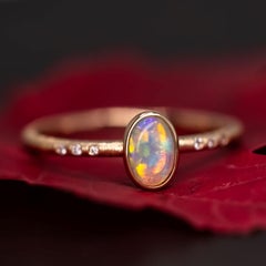 Matte Finish Engagement Ring Australian Crystal Opal Diamond 14K Yellow Gold