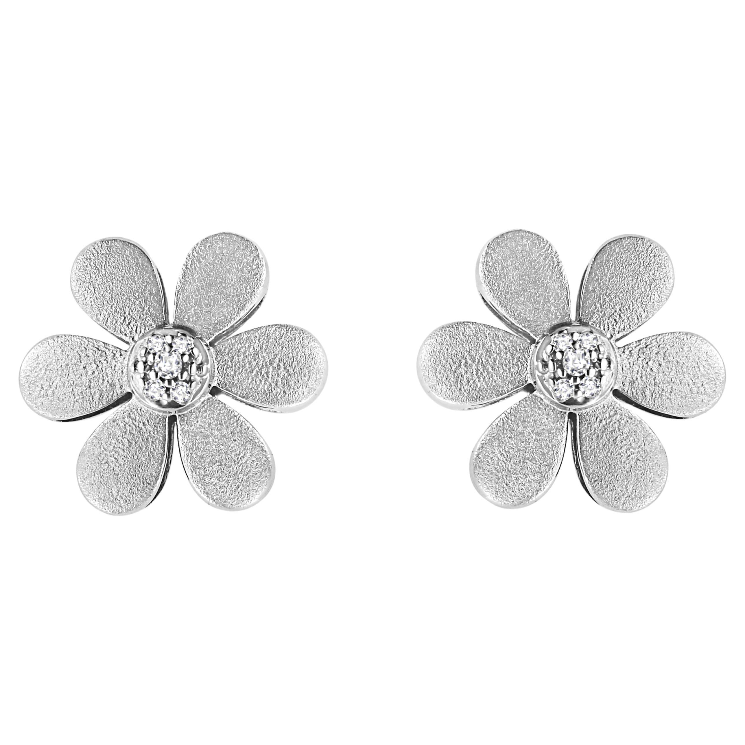 Matte Finished .925 Sterling Silver Diamond Accent Flower Hoop Stud Earring For Sale