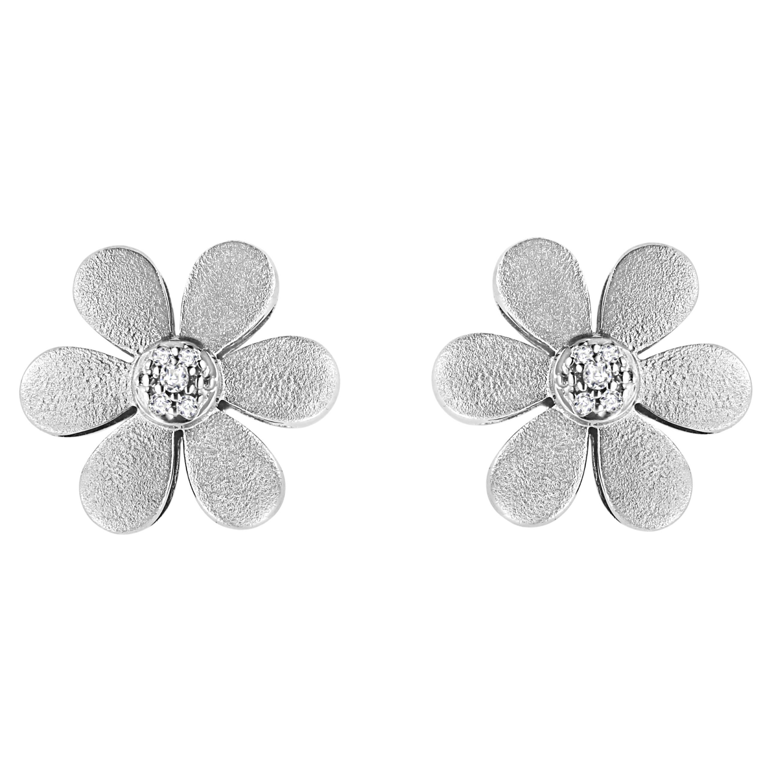 Matte Finished .925 Sterling Silver Diamond Accent Flower Hoop Stud Earring