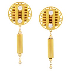 Vintage Matte Gold Art Deco Style 4" Drop Statement Earrings By Natasha Stambouli, 1980s