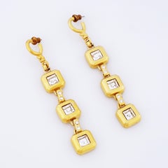 Matte Gold Bezel Set Crystal 3.5" Drop Earrings, 1980s