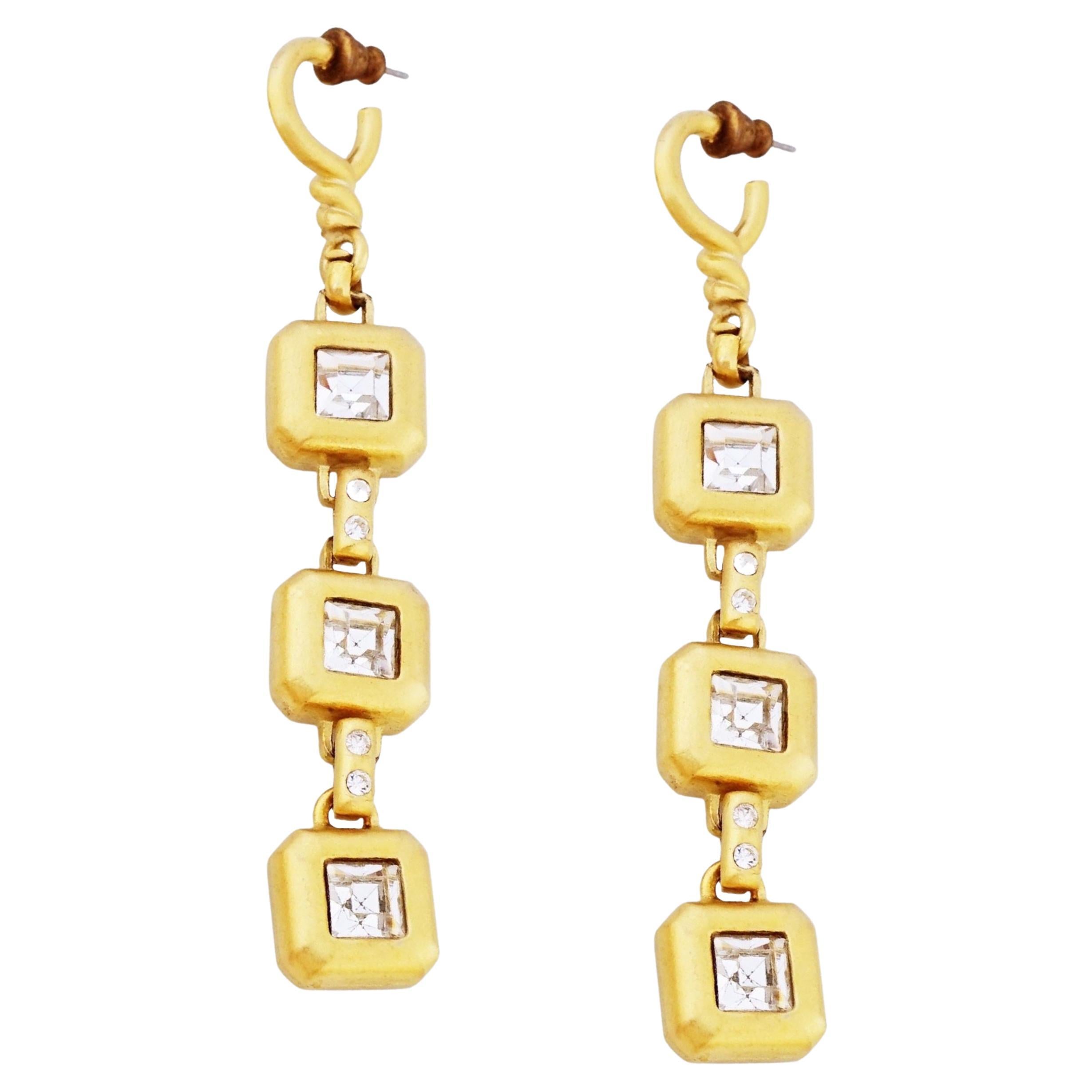 Matte Gold Bezel Set Crystal 3.5" Drop Earrings, 1980s For Sale