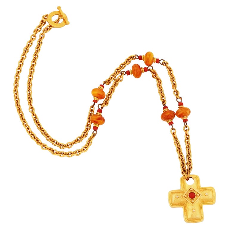 Matte Gold Cross Necklace With Art Glass Beads By Leslie Block, 1980s