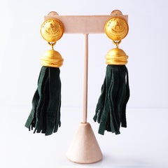 Matte Gold & Green Suede Tassel Earrings By Rena Lange, 1990s