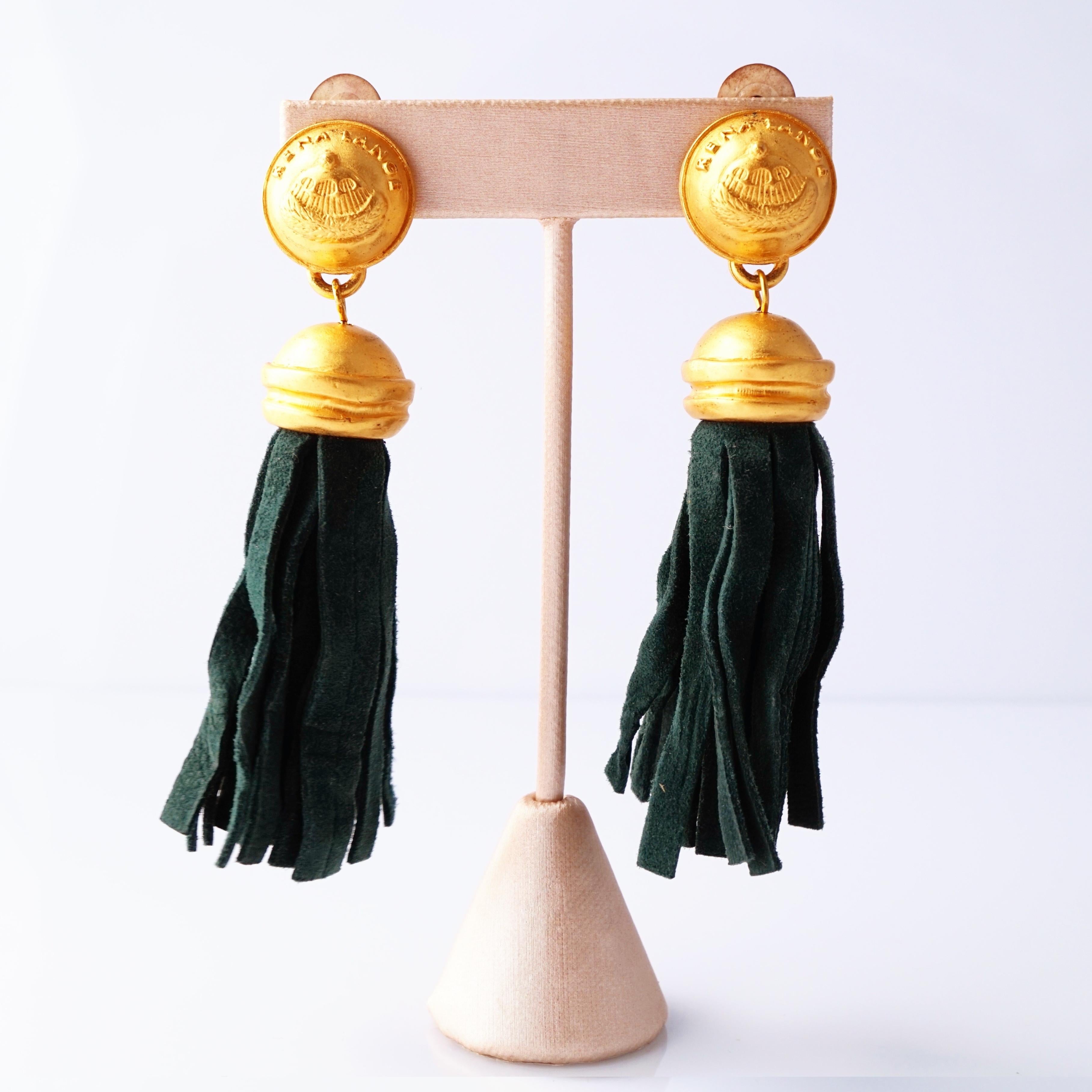 Moderno Orecchini con nappe in oro opaco e camoscio verde di Rena Lange, anni '90 in vendita