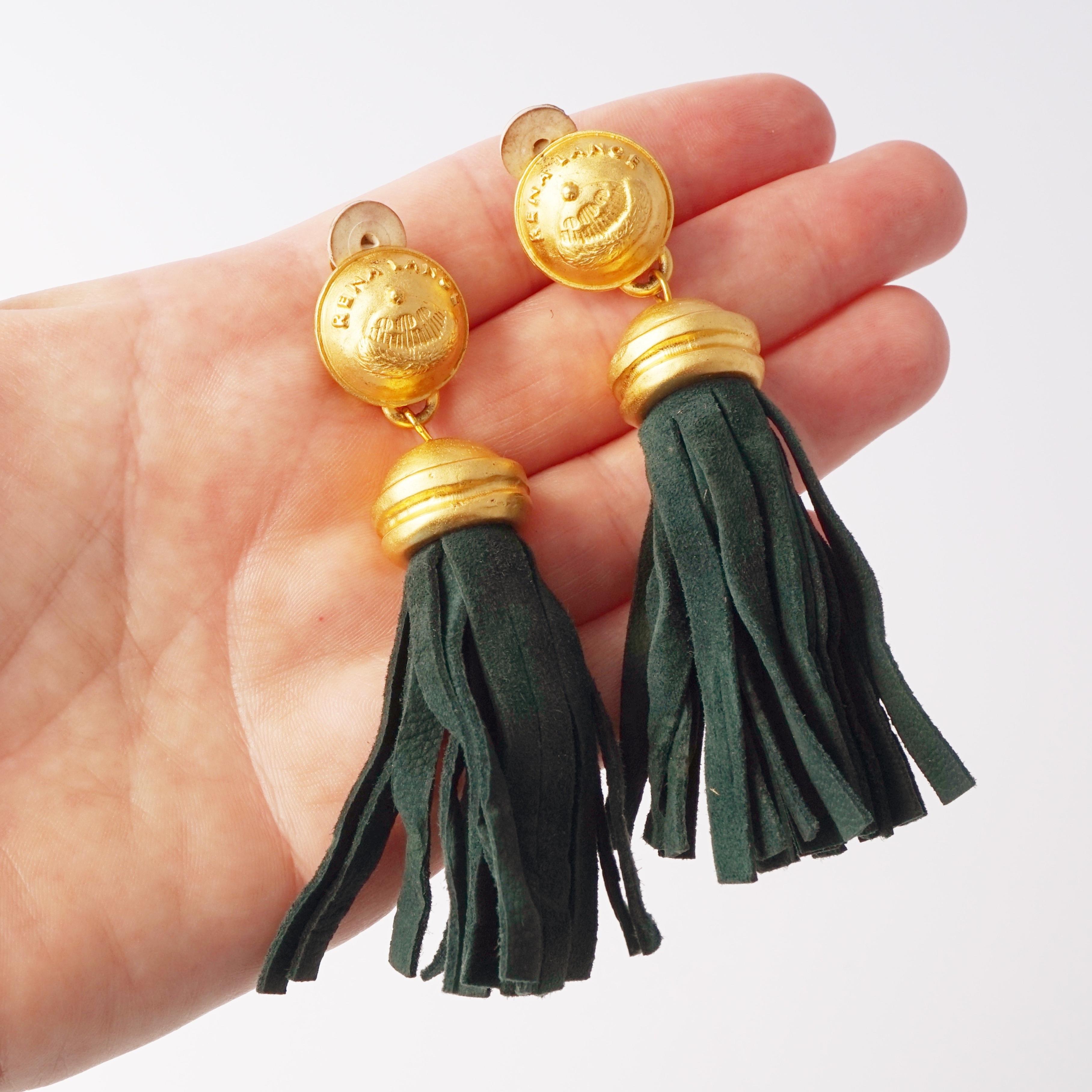 Boucles d'oreilles à pompons en daim mat, or et vert, Rena Lange, années 1990 en vente 2