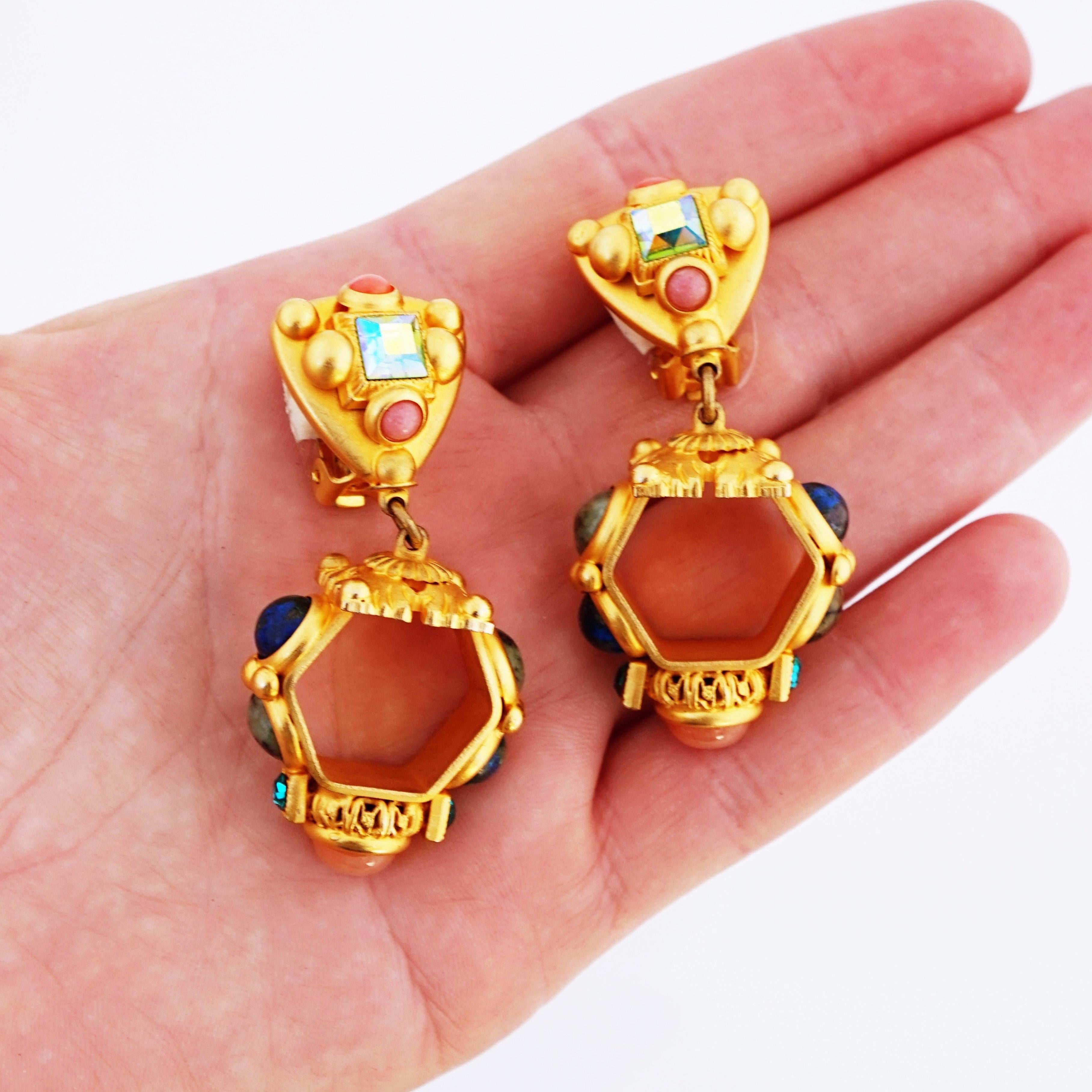 Matte Gold Hexagonal Drop Earrings With Gemstone Cabochons By Natasha Stambouli 3