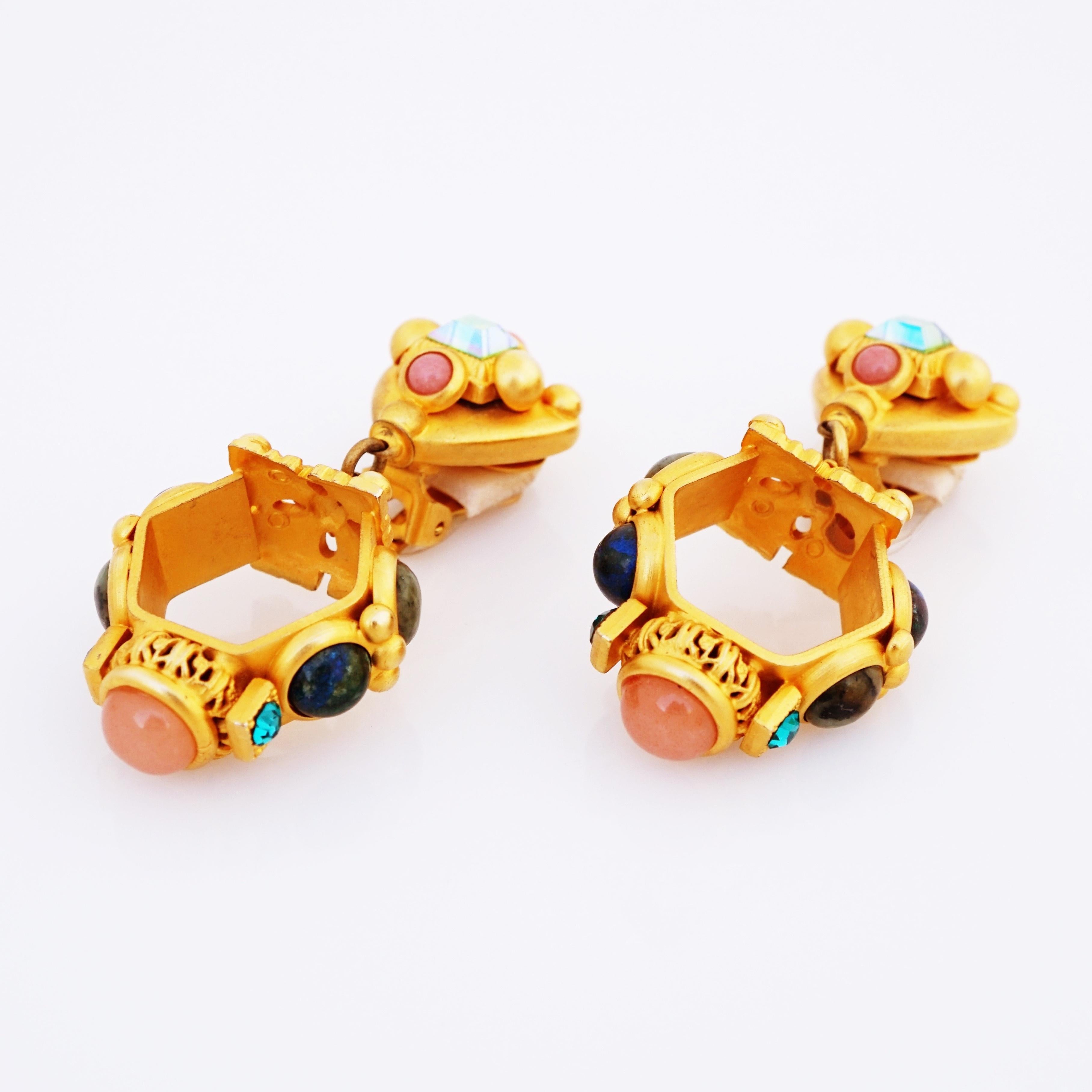 Modern Matte Gold Hexagonal Drop Earrings With Gemstone Cabochons By Natasha Stambouli