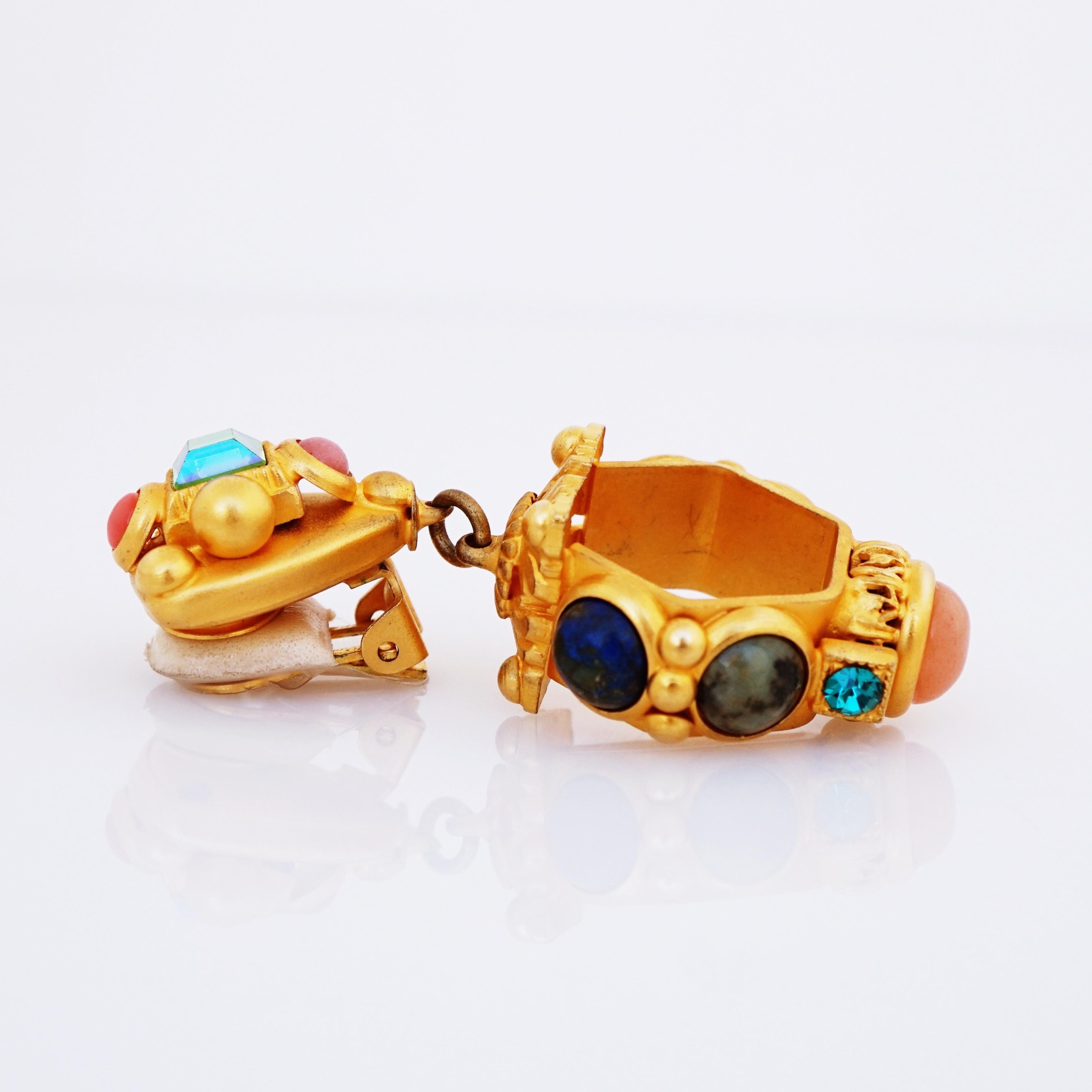 Women's Matte Gold Hexagonal Drop Earrings With Gemstone Cabochons By Natasha Stambouli