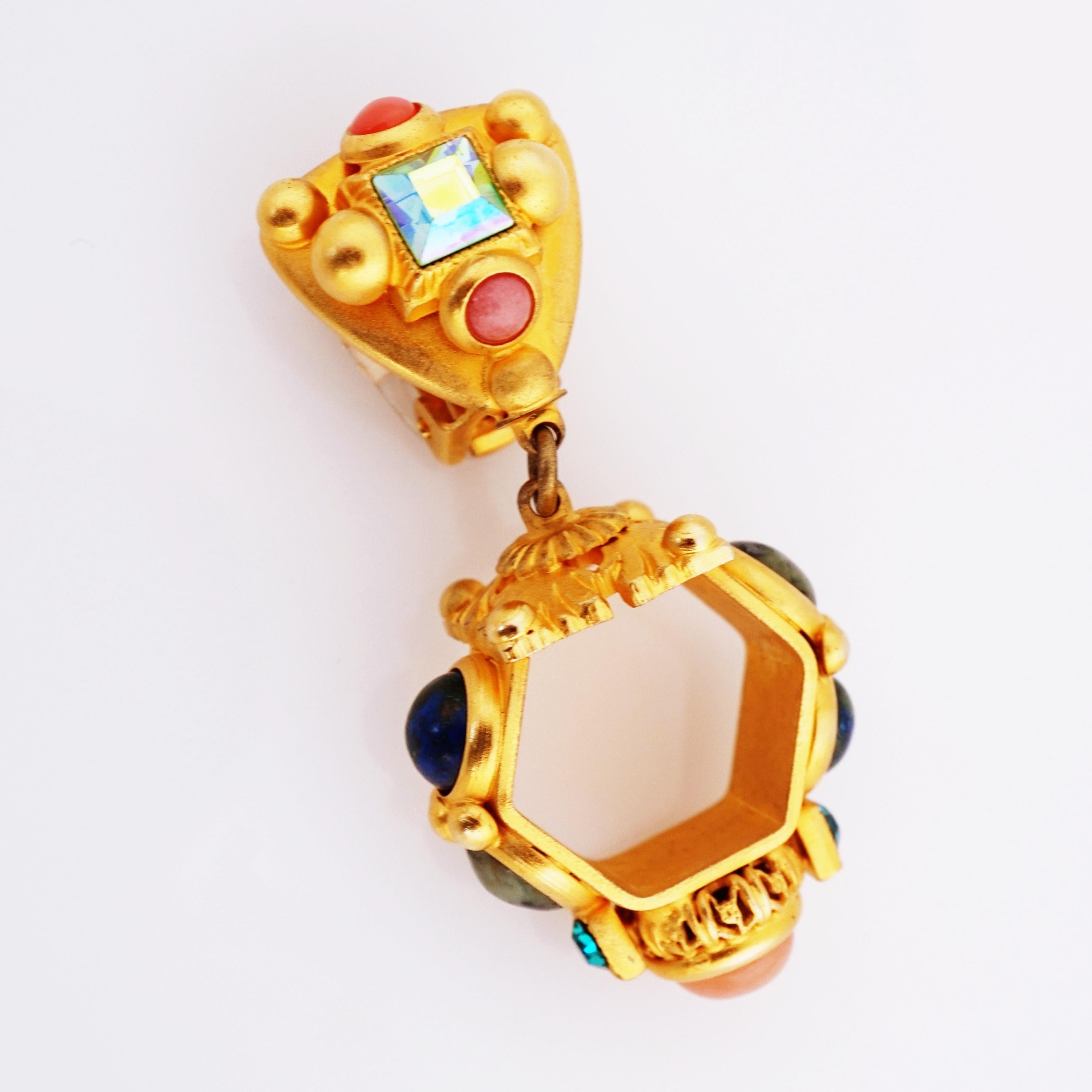Matte Gold Hexagonal Drop Earrings With Gemstone Cabochons By Natasha Stambouli 1