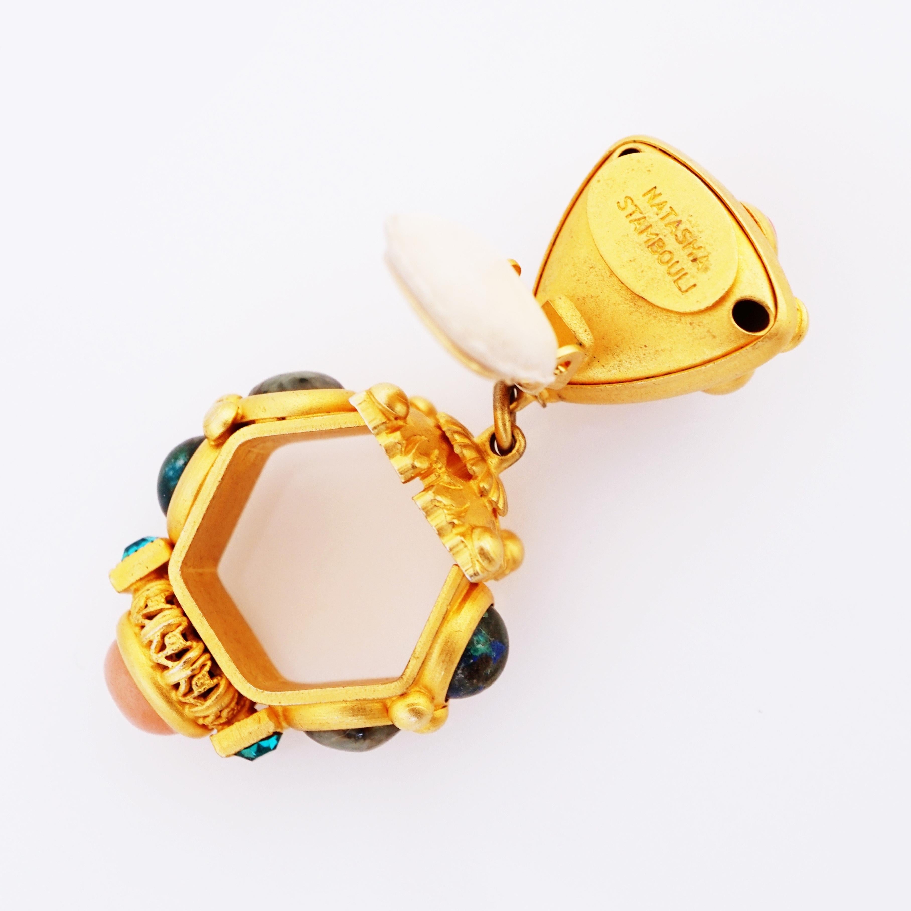 Matte Gold Hexagonal Drop Earrings With Gemstone Cabochons By Natasha Stambouli 2