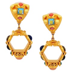 Matte Gold Hexagonal Drop Earrings With Gemstone Cabochons By Natasha Stambouli