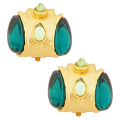 Matte Gold Statement Earrings With Green Glass Cabochons, 1980s