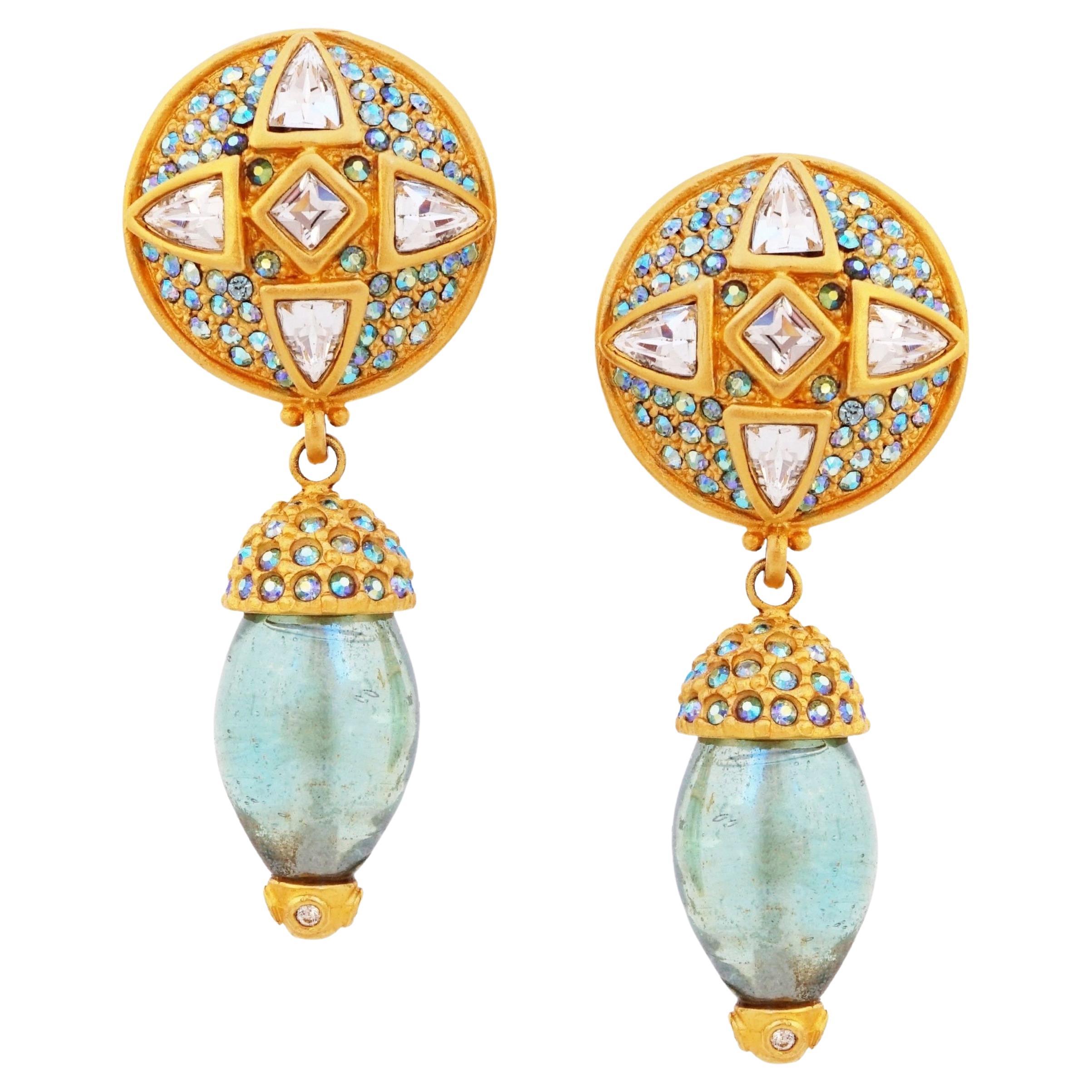 Matte Gold & Teal Glass Drop Earrings With Crystal Pavé By Leslie Block, 1980s