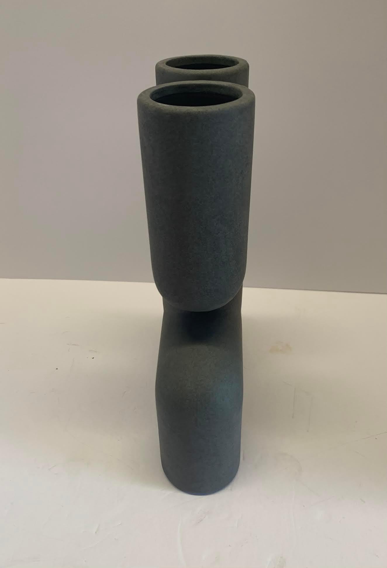 Ceramic Matte Grey Tall Double Spout Top Danish Design Vase, China, Contemporary For Sale
