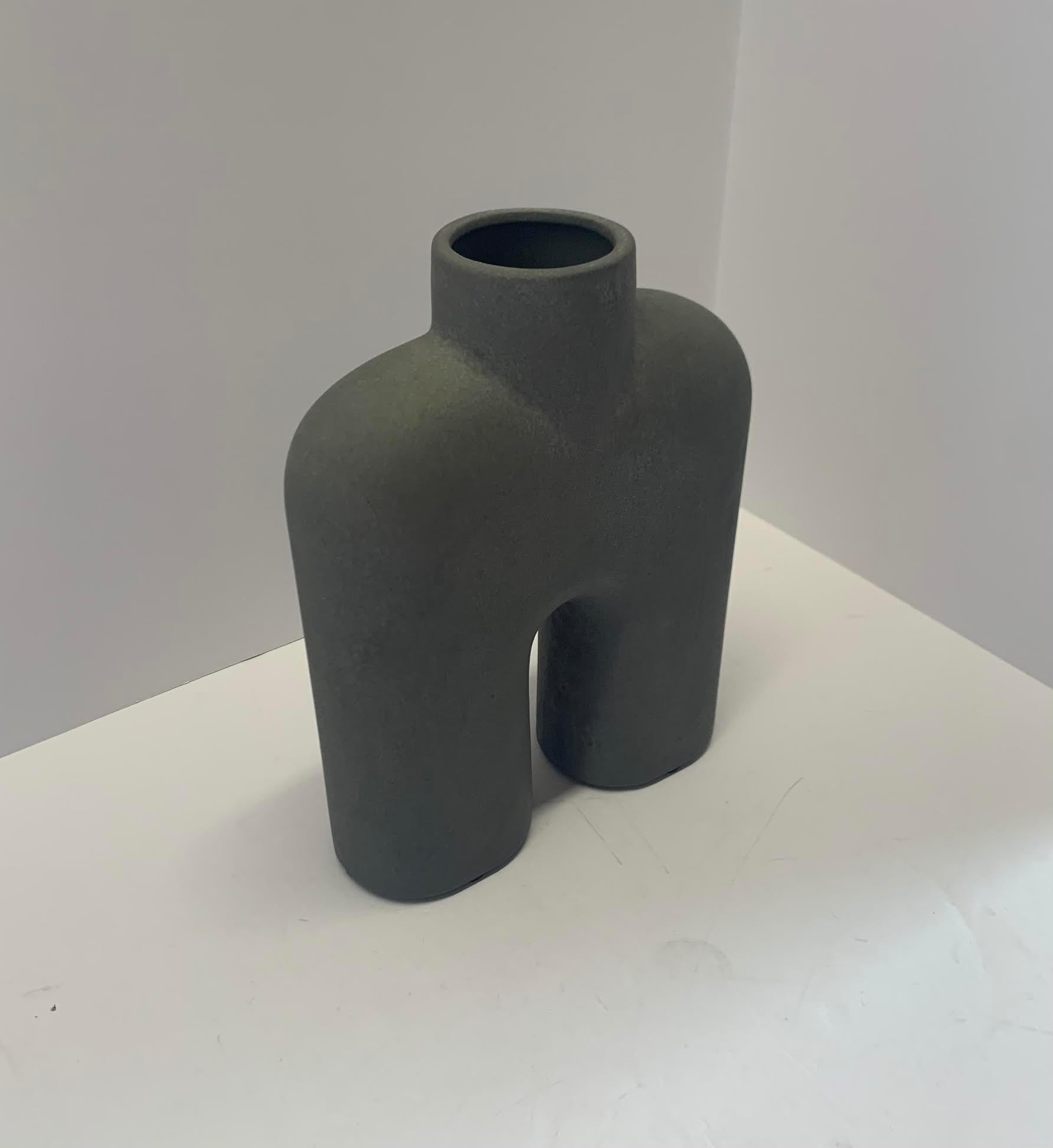Contemporary Danish design matte grey finish tall vase with single top spout and two bottom spouts.
Very sculptural in design.
Three available.
  