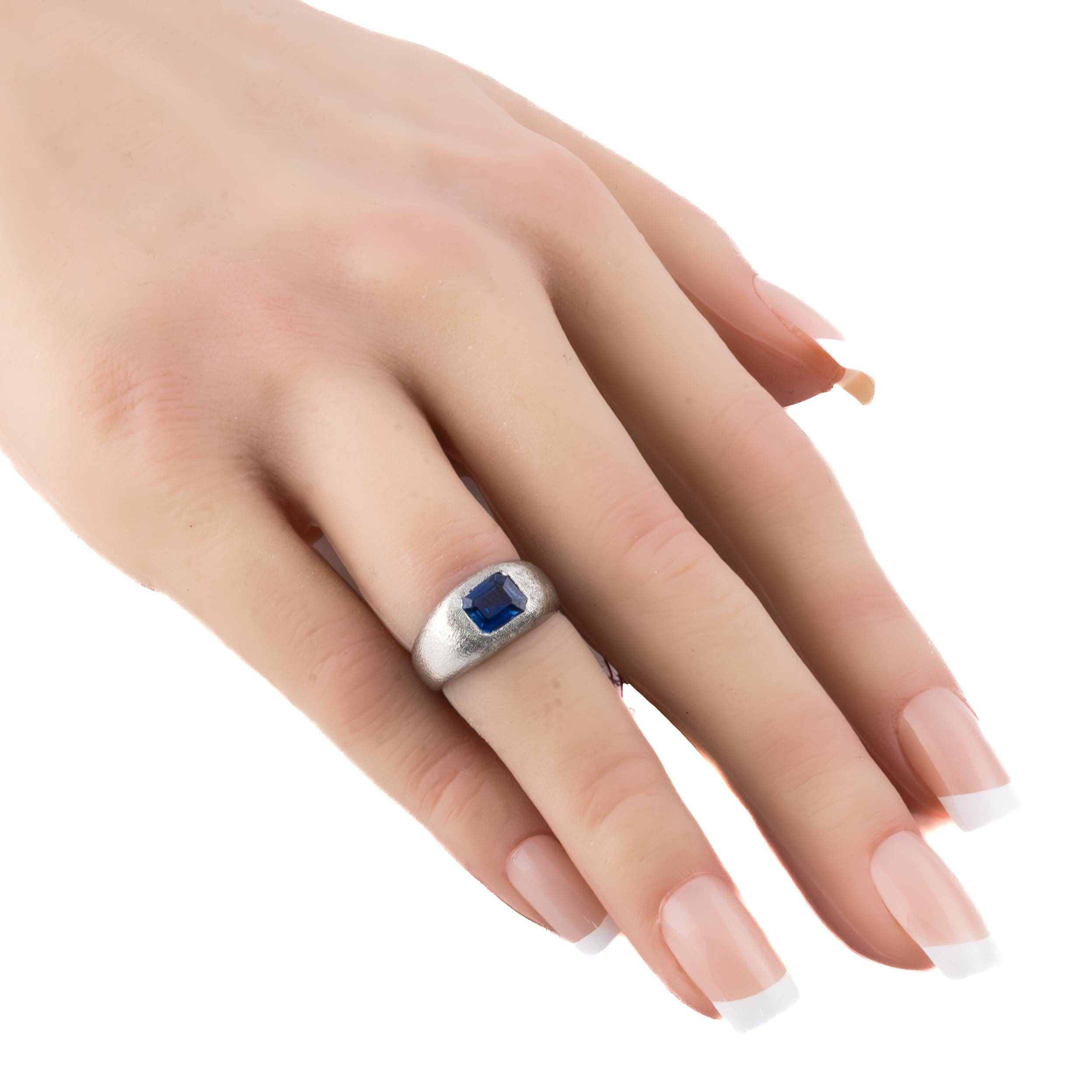 Emerald Cut Matte Platinum Solitaire Sapphire Ring For Sale