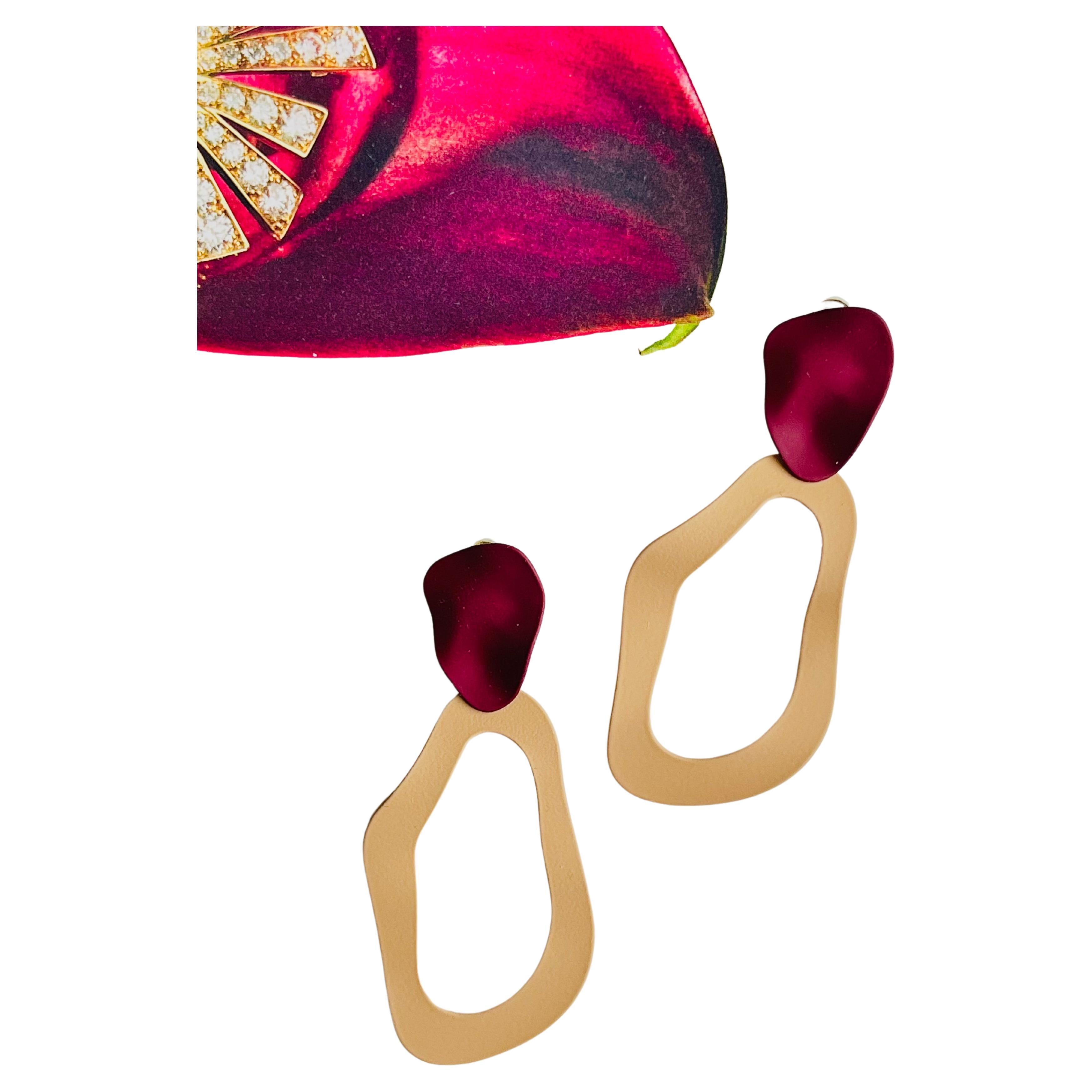 Matte Red Petal Button Yellow Horseshoe Elegant Retro Long Drop Pierced Earrings For Sale