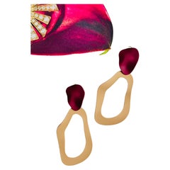 Matte Red Petal Button Yellow Horseshoe Elegant Retro Long Drop Pierced Earrings