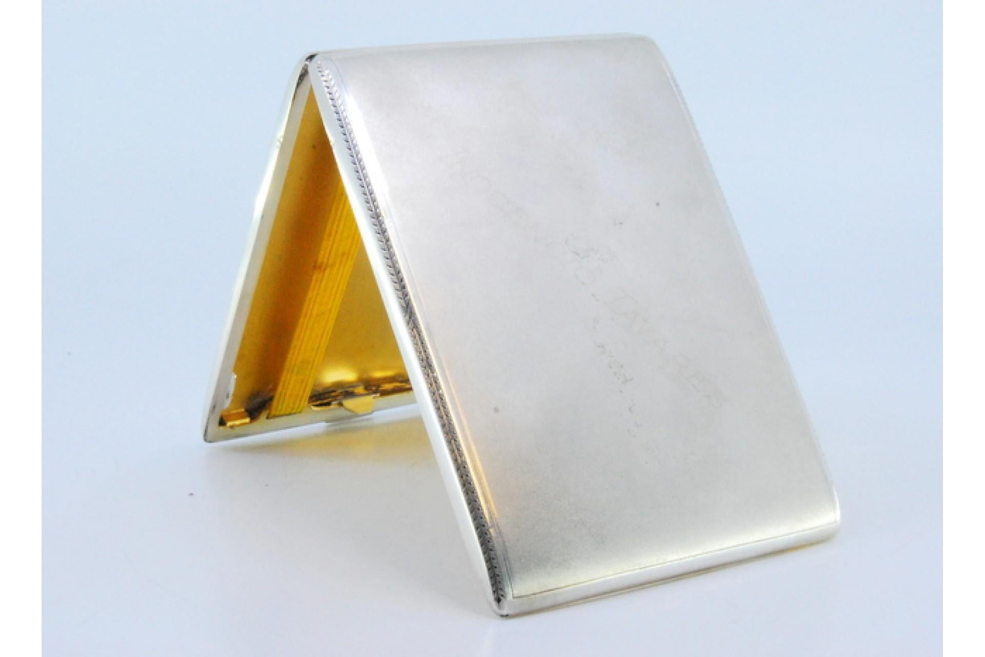 European Matte silver cigarette case w/ borders on the edge, gold interior & hinged lid For Sale