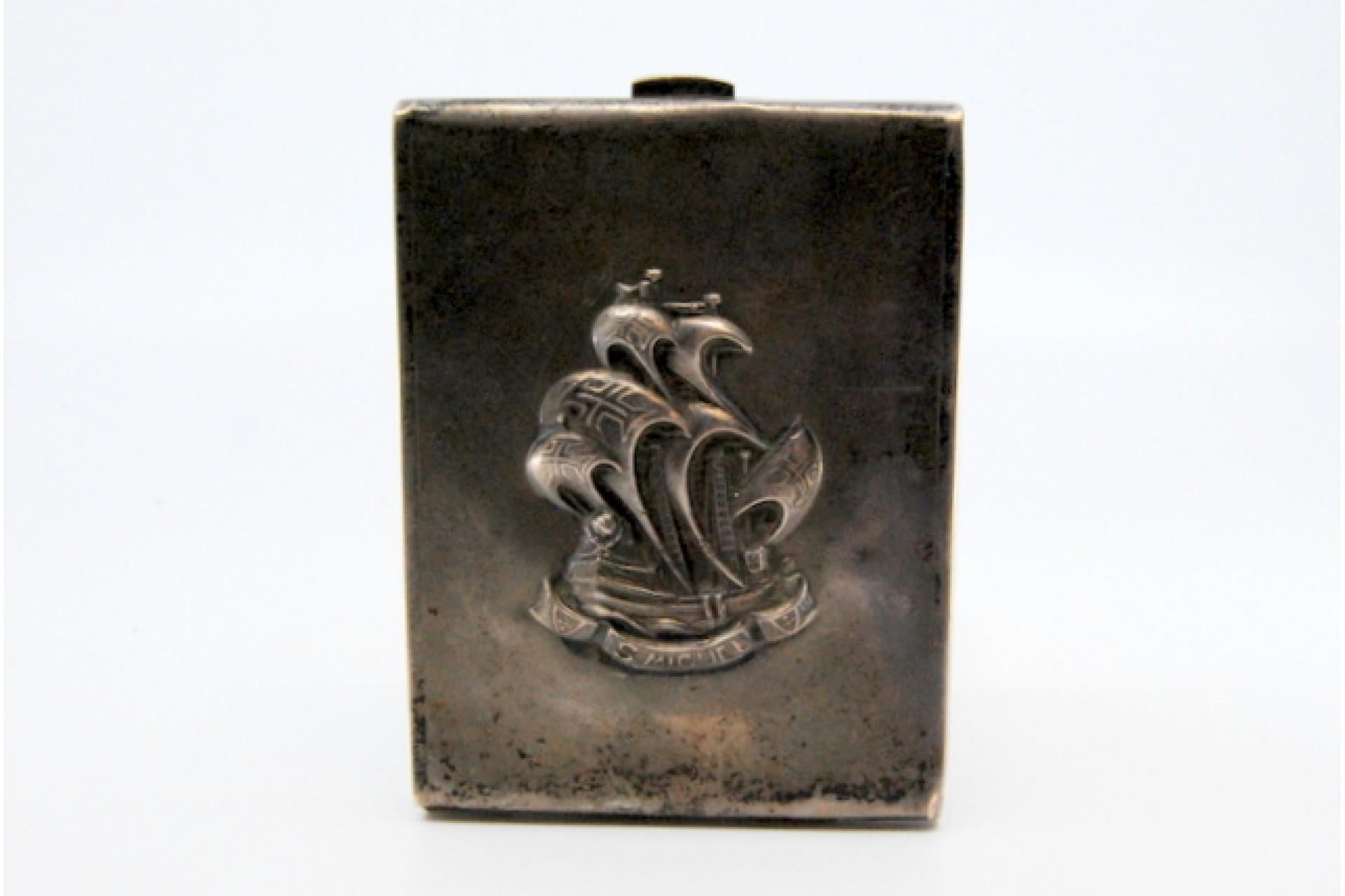 European Matte silver cigarette case w/ the caravel S Miguel in high relief & hinged lid For Sale