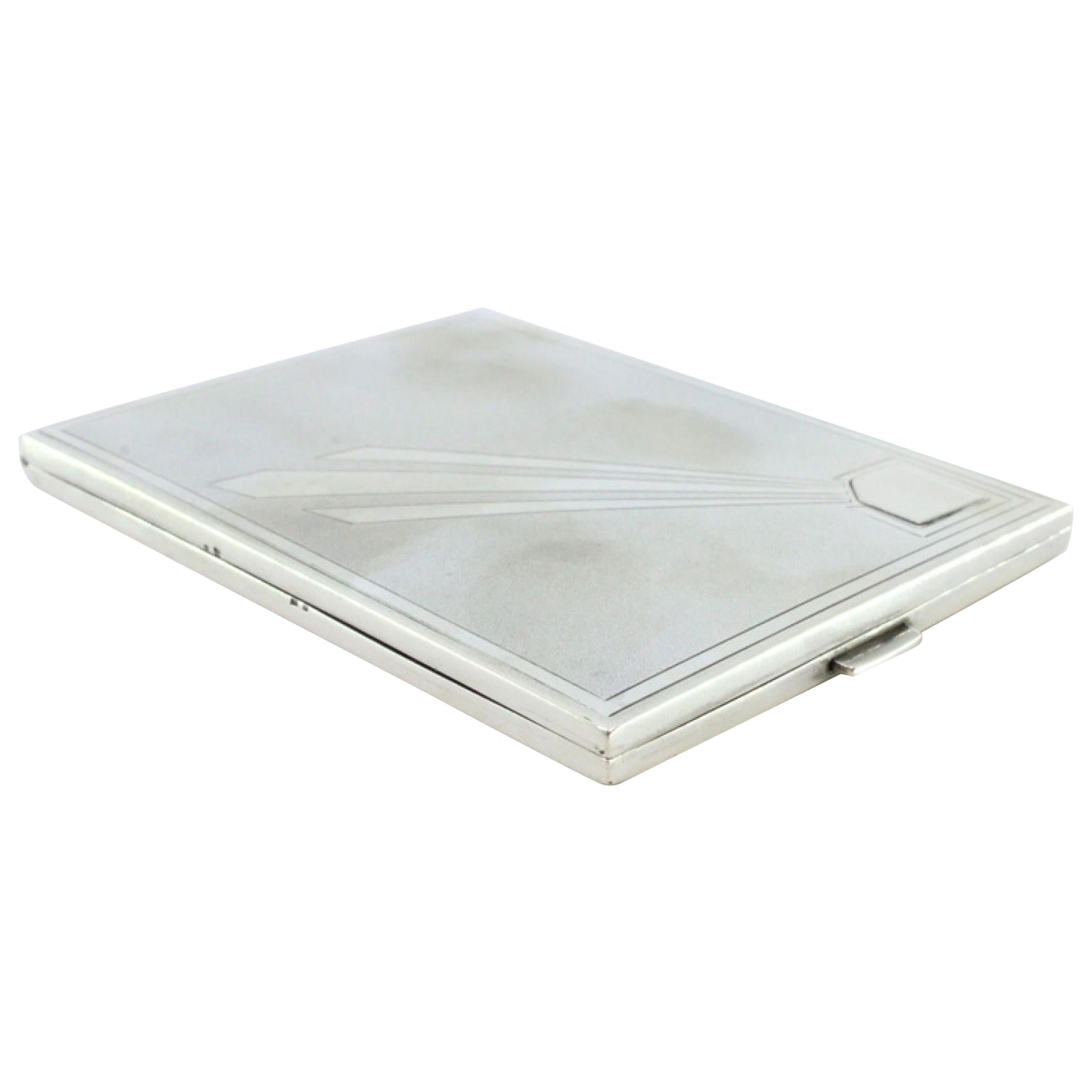 Matte silver cigarette case with a border around the edge and a monogram card