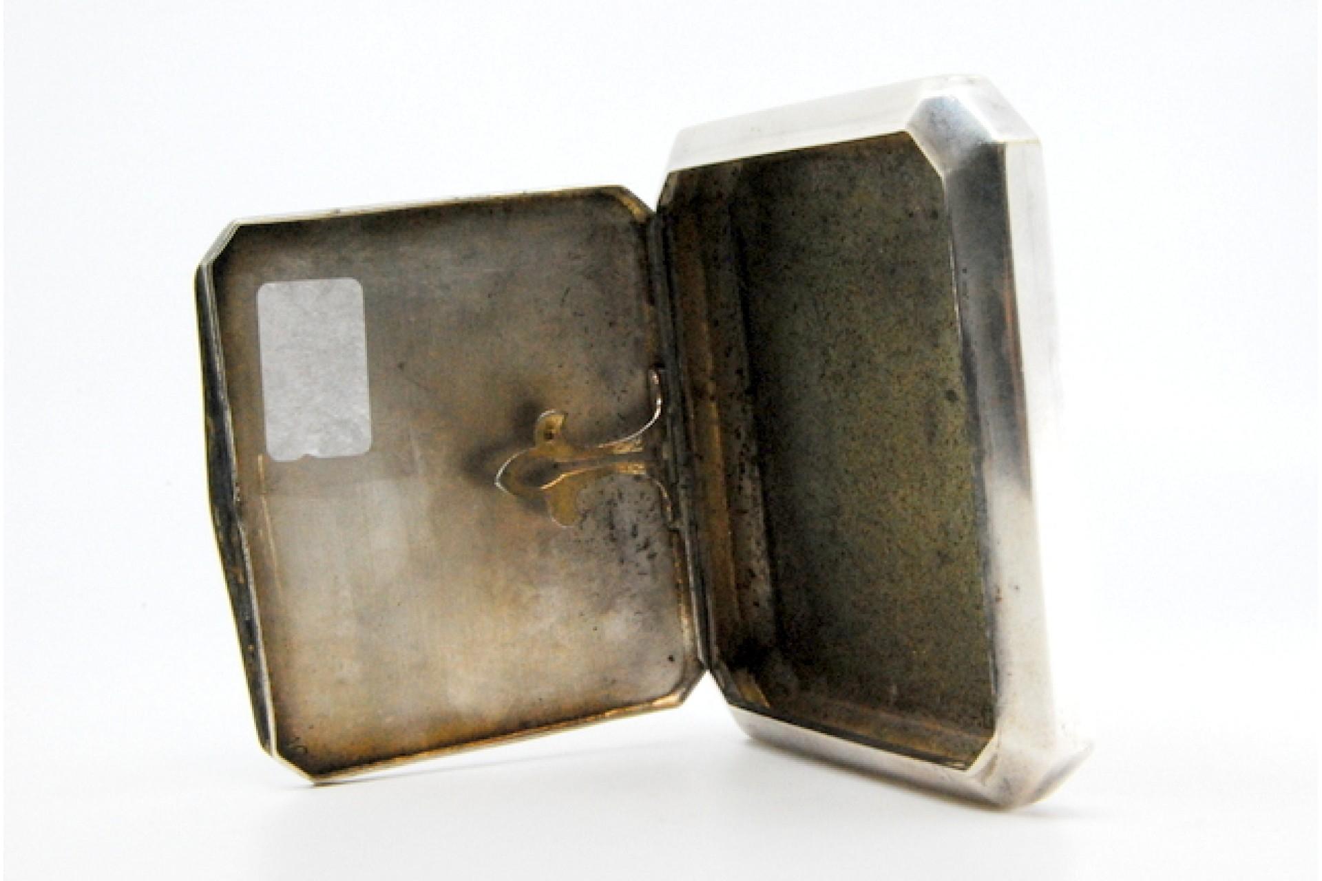 European Matte silver cigarette case with cut corners, paper holder and hinged lid For Sale