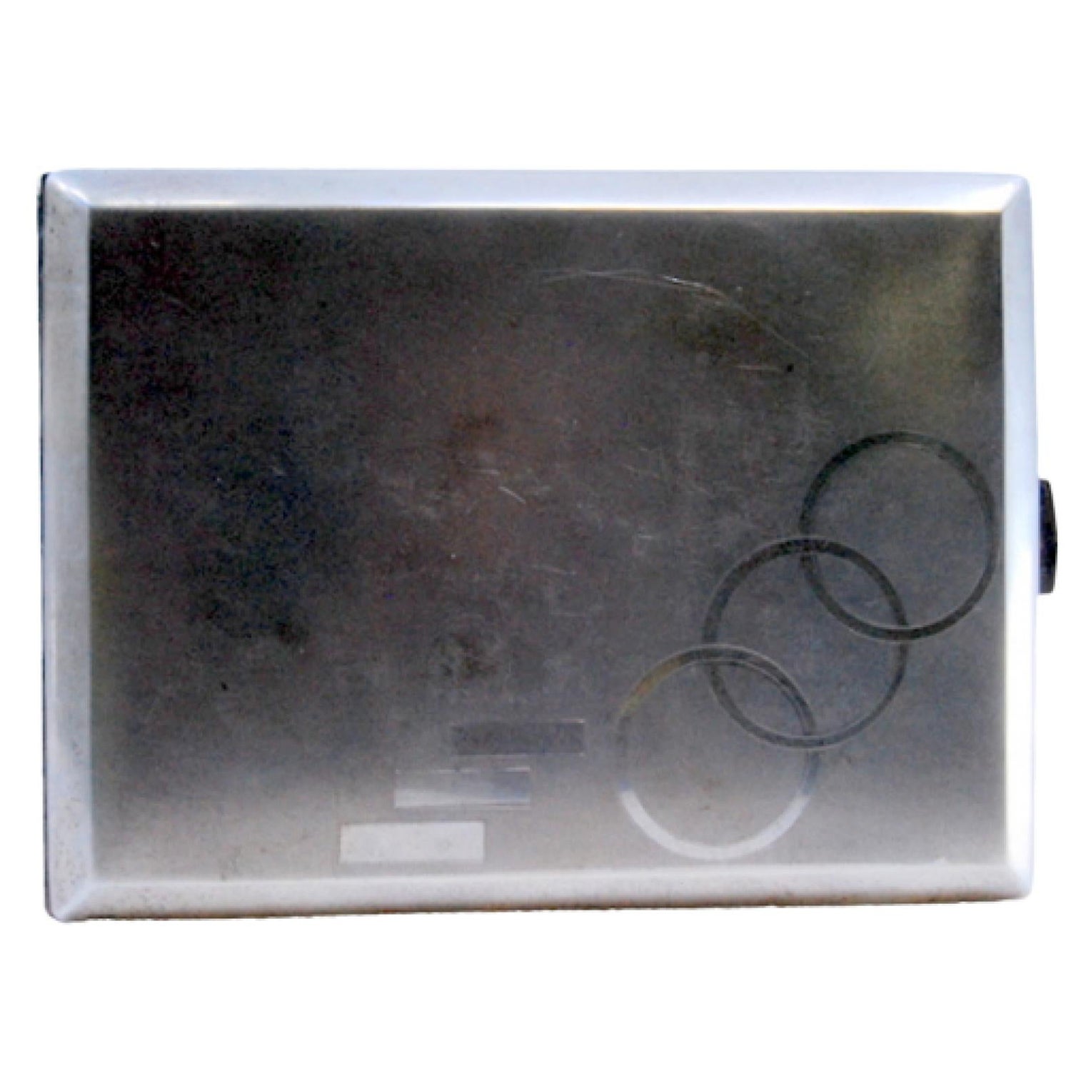 Matte silver cigarette case with geometric figures, gold interior and hinged lid