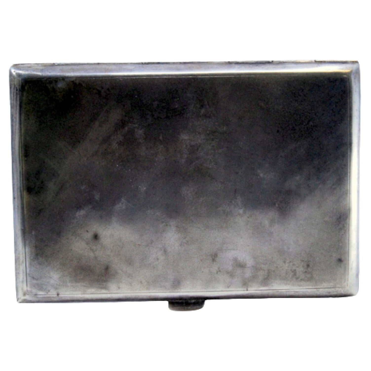 Matte silver cigarette case with geometric lines on the hinged lid