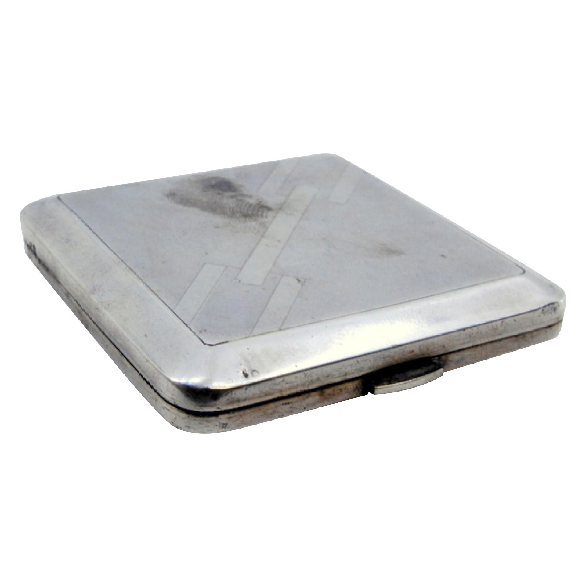 Matte silver toiletry box with engraved geometric figures and a mirror inside