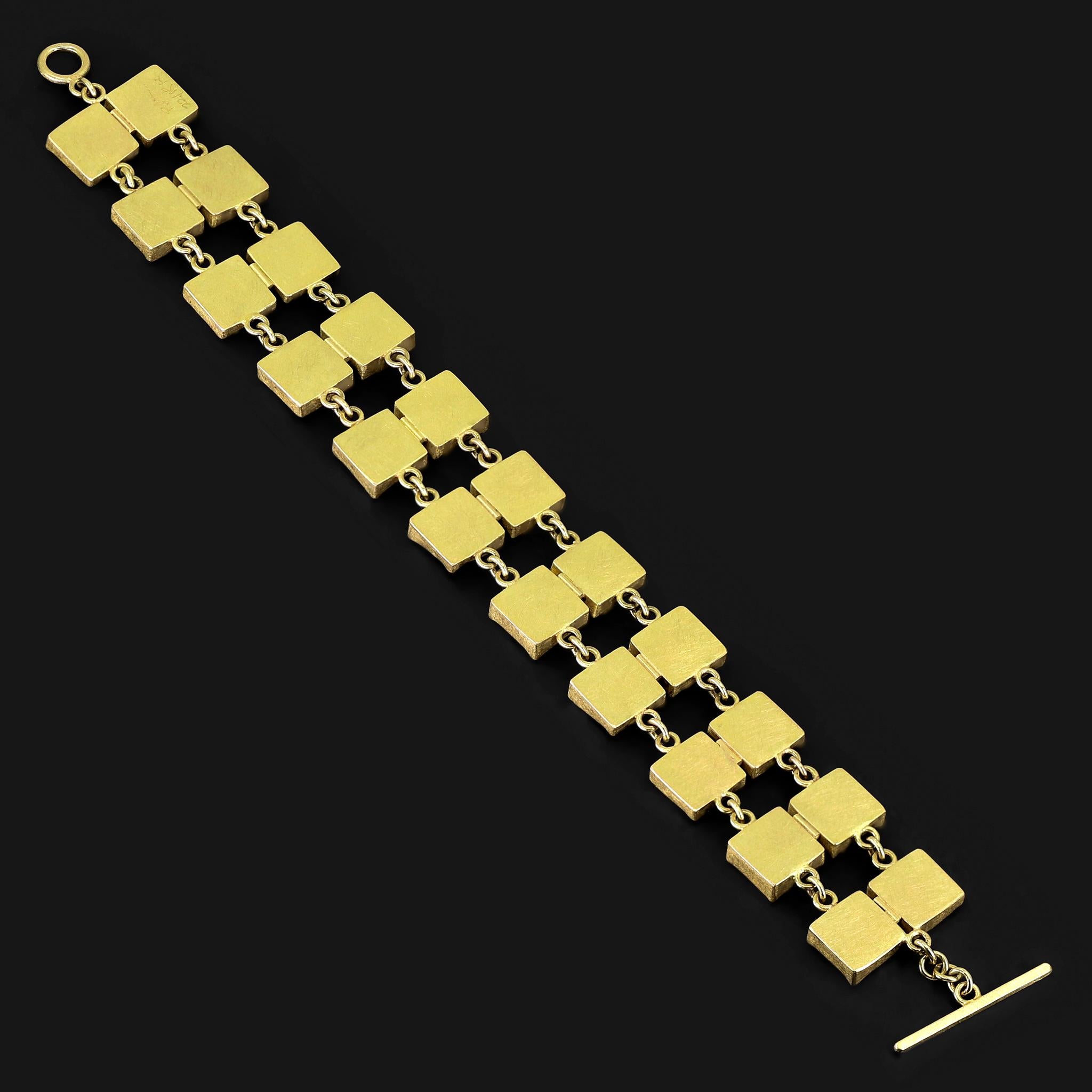 Contemporary Matte Square Hematite Double Square 22k Gold Chain Links Bracelet, Petra Class