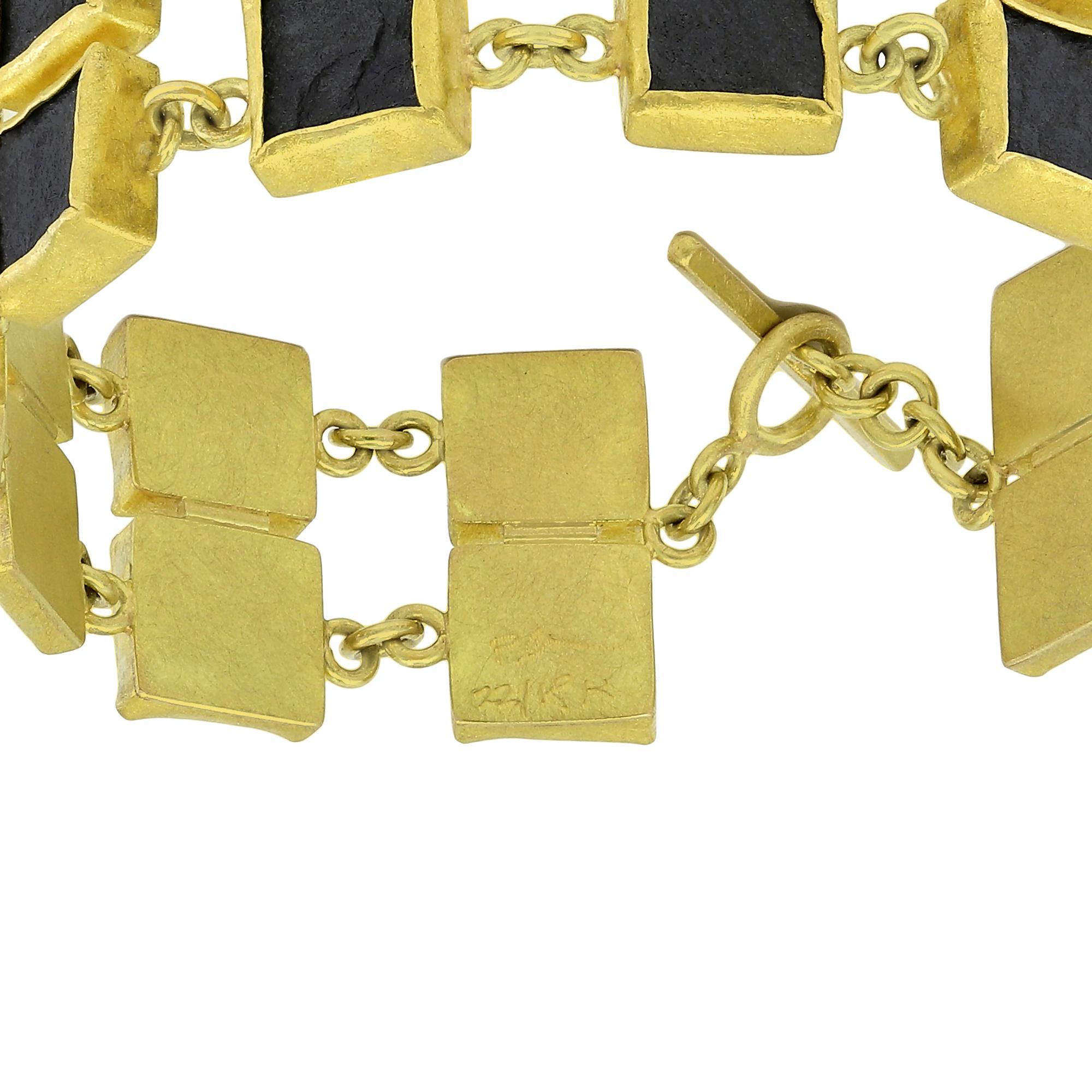 Tumbled Matte Square Hematite Double Square 22k Gold Chain Links Bracelet, Petra Class